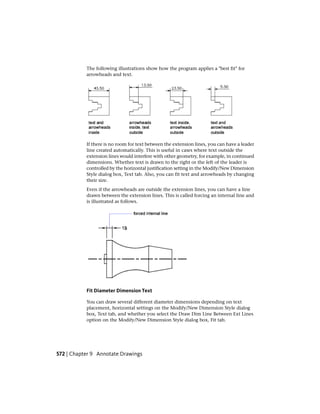 The following illustrations show how the program applies a "best fit" for
arrowheads and text.
If there is no room for text between the extension lines, you can have a leader
line created automatically. This is useful in cases where text outside the
extension lines would interfere with other geometry, for example, in continued
dimensions. Whether text is drawn to the right or the left of the leader is
controlled by the horizontal justification setting in the Modify/New Dimension
Style dialog box, Text tab. Also, you can fit text and arrowheads by changing
their size.
Even if the arrowheads are outside the extension lines, you can have a line
drawn between the extension lines. This is called forcing an internal line and
is illustrated as follows.
Fit Diameter Dimension Text
You can draw several different diameter dimensions depending on text
placement, horizontal settings on the Modify/New Dimension Style dialog
box, Text tab, and whether you select the Draw Dim Line Between Ext Lines
option on the Modify/New Dimension Style dialog box, Fit tab.
572 | Chapter 9 Annotate Drawings
 
