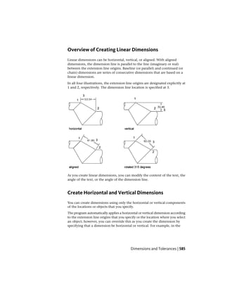 Overview of Creating Linear Dimensions
Linear dimensions can be horizontal, vertical, or aligned. With aligned
dimensions, the dimension line is parallel to the line (imaginary or real)
between the extension line origins. Baseline (or parallel) and continued (or
chain) dimensions are series of consecutive dimensions that are based on a
linear dimension.
In all four illustrations, the extension line origins are designated explicitly at
1 and 2, respectively. The dimension line location is specified at 3.
As you create linear dimensions, you can modify the content of the text, the
angle of the text, or the angle of the dimension line.
Create Horizontal and Vertical Dimensions
You can create dimensions using only the horizontal or vertical components
of the locations or objects that you specify.
The program automatically applies a horizontal or vertical dimension according
to the extension line origins that you specify or the location where you select
an object; however, you can override this as you create the dimension by
specifying that a dimension be horizontal or vertical. For example, in the
Dimensions and Tolerances | 585
 