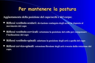 Per mantenere la posturaPer mantenere la postura
Aggiustamento della posizione del capo/occhi e del corpo:
 Riflessi vestibolo-oculari: deviazione coniugata degli occhi in risposta al
movimento del capo
 Riflessi vestibolo-cervicali: orientano la posizione del collo per compensare
l’inclinazione del capo
 Riflessi vestibolo-spinali: adattano la posizione degli arti a quella del capo
 Riflessi cervico-spinali: estensione/flessione degli arti evocata dalla rotazione del
capo.
 