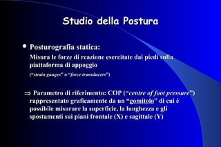 Studio della PosturaStudio della Postura
 Posturografia statica:Posturografia statica:
Misura le forze di reazione esercitate dai piedi sullaMisura le forze di reazione esercitate dai piedi sulla
piattaforma di appoggiopiattaforma di appoggio
(“(“strain gaugesstrain gauges” o “” o “force transducersforce transducers”)”)
⇒⇒ Parametro di riferimento: COP (“Parametro di riferimento: COP (“centre of foot pressurecentre of foot pressure”)”)
rappresentato graficamente da un “rappresentato graficamente da un “gomitologomitolo” di cui è” di cui è
possibile misurare la superficie, la lunghezza e glipossibile misurare la superficie, la lunghezza e gli
spostamenti sui piani frontale (X) e sagittale (Y)spostamenti sui piani frontale (X) e sagittale (Y)
 
