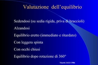 Valutazione dell’equilibrio
Sedendosi (su sedia rigida, priva di braccioli)
Alzandosi
Equilibrio eretto (immediato e ritardato)
Con leggera spinta
Con occhi chiusi
Equilibrio dopo rotazione di 360°
Tinetti JAGS 1986
 