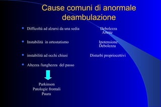 Cause comuni di anormaleCause comuni di anormale
deambulazionedeambulazione
 Difficoltà ad alzarsi da una sedia Debolezza
Artrite
 Instabilità in ortostatismo Ipotensione
Debolezza
 instabilità ad occhi chiusi Disturbi propriocettivi
 Altezza /lunghezza del passo
Parkinson
Patologie frontali
Paura
 