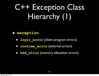 C++ Exception Class
Hierarchy (1)
• exception
• logic_error (client program errors)
• runtime_error (external errors)
• bad_alloc (memory allocation errors)
33
Sunday, March 16, 14
 