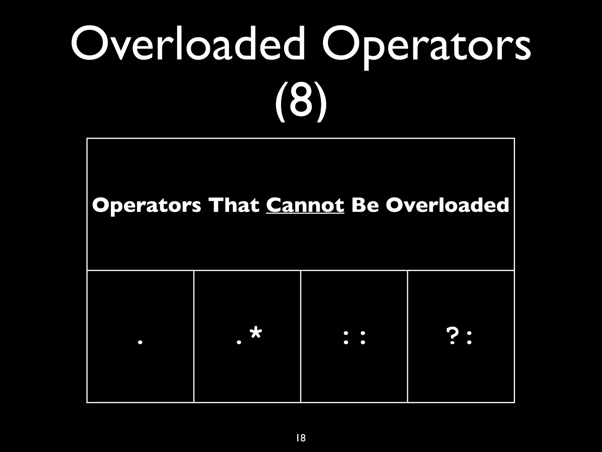 Overloaded Operators
(8)
18
Operators That Cannot Be Overloaded
. .* :: ?:
 