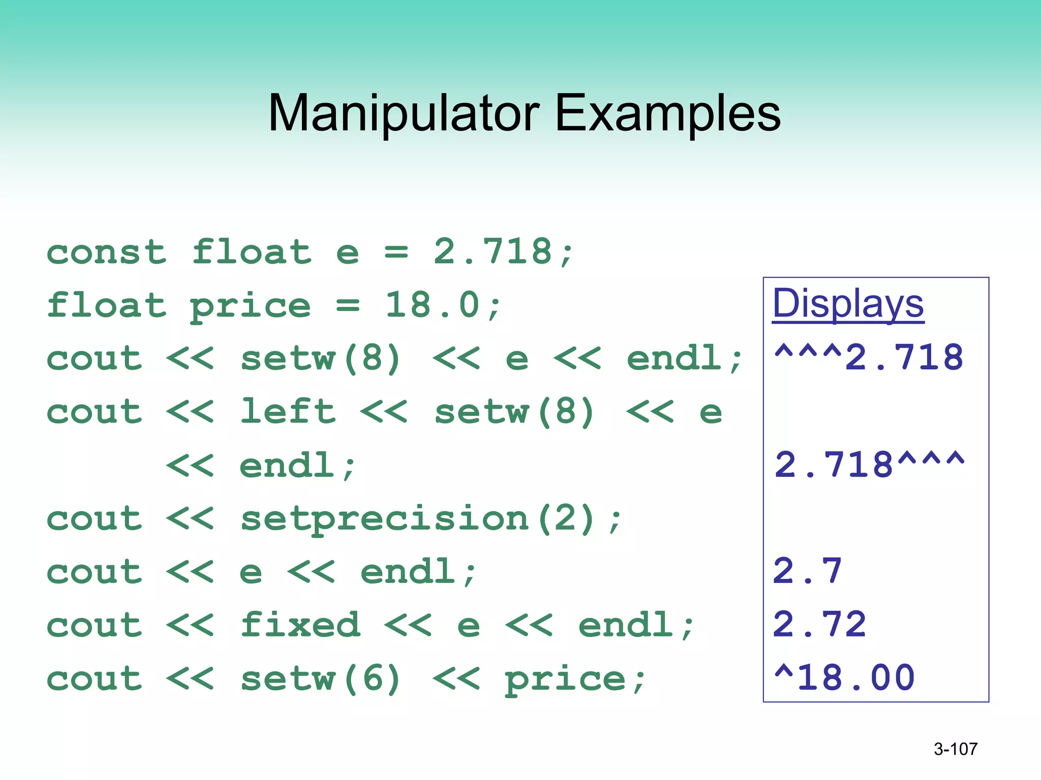 Manipulator Examples
const float e = 2.718;
float price = 18.0; Displays
cout << setw(8) << e << endl; ^^^2.718
cout << left << setw(8) << e
<< endl; 2.718^^^
cout << setprecision(2);
cout << e << endl; 2.7
cout << fixed << e << endl; 2.72
cout << setw(6) << price; ^18.00
3-107
 