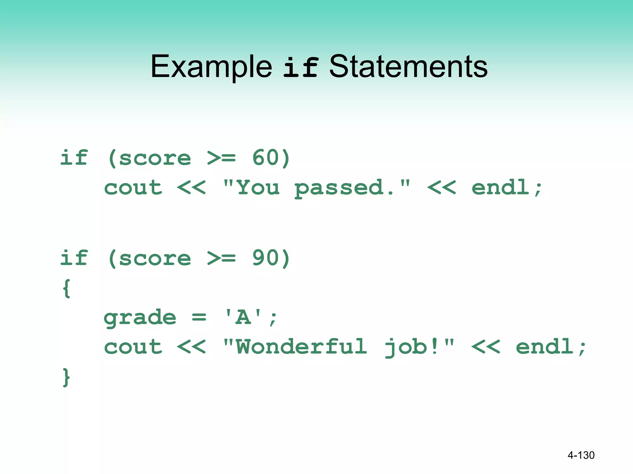 Example if Statements
if (score >= 60)
cout << "You passed." << endl;
if (score >= 90)
{
grade = 'A';
cout << "Wonderful job!" << endl;
}
4-130
 