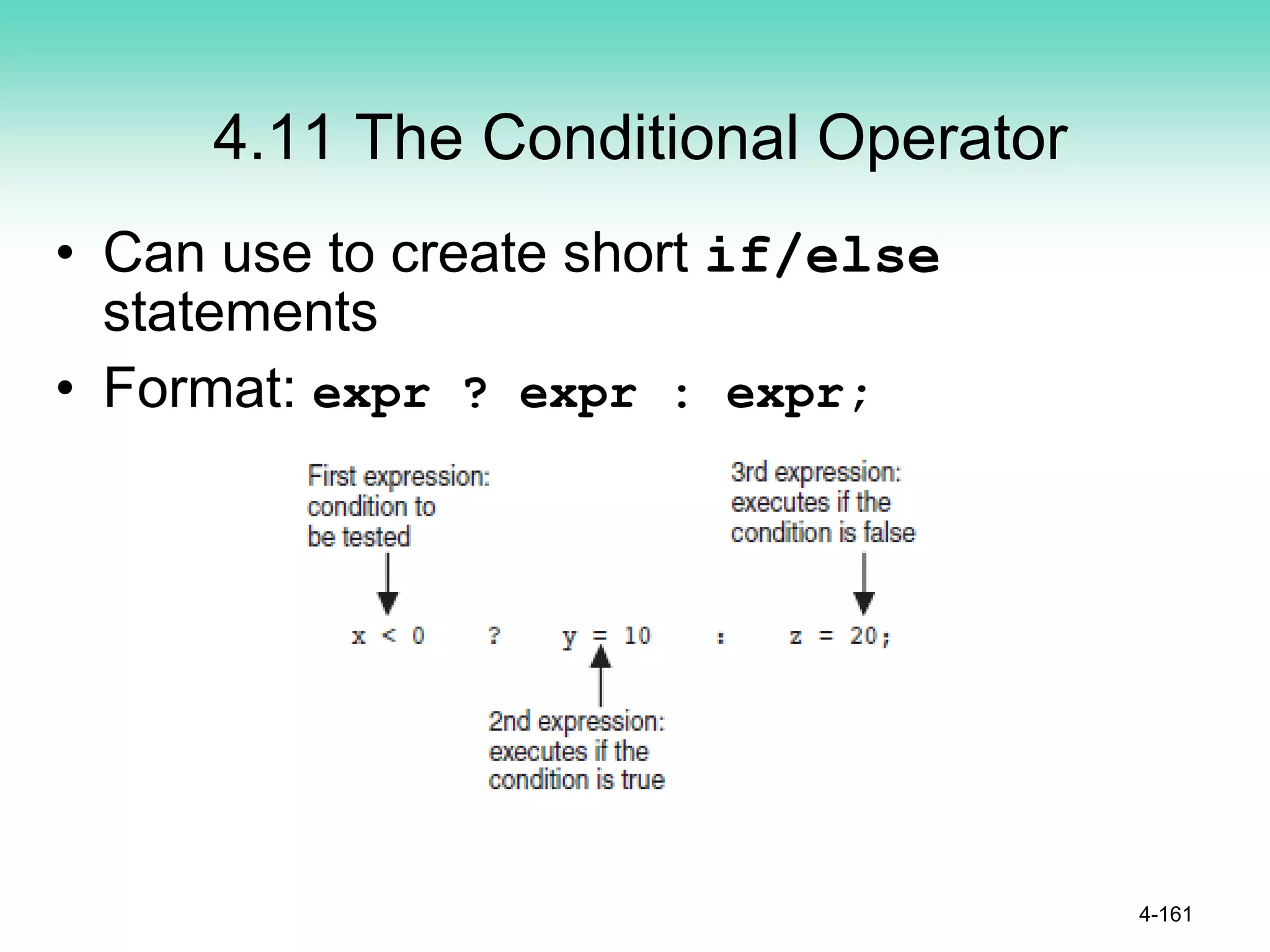 4.11 The Conditional Operator
• Can use to create short if/else
statements
• Format: expr ? expr : expr;
4-161
 