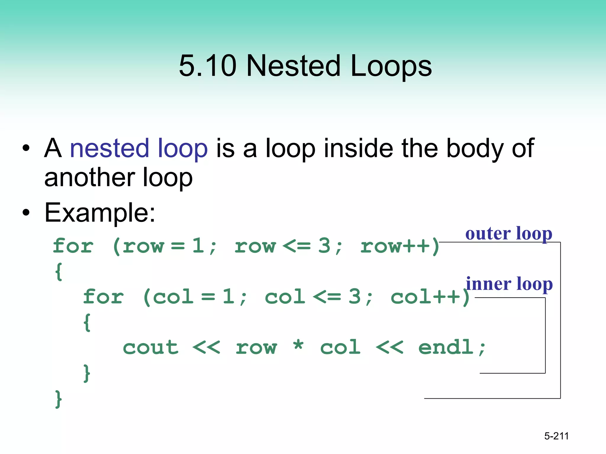 5.10 Nested Loops
• A nested loop is a loop inside the body of
another loop
• Example:
for (row = 1; row <= 3; row++)
{
for (col = 1; col <= 3; col++)
{
cout << row * col << endl;
}
}
5-211
outer loop
inner loop
 