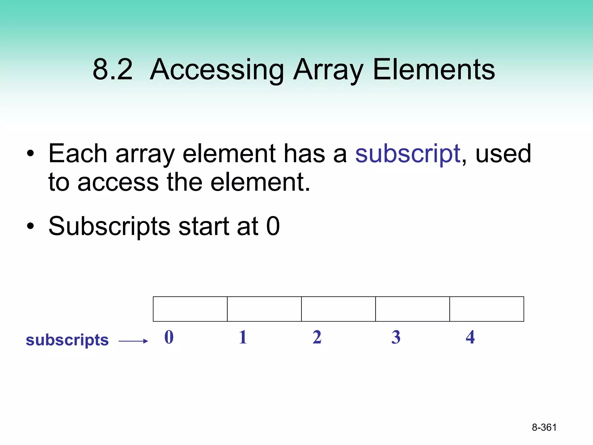 8.2 Accessing Array Elements
• Each array element has a subscript, used
to access the element.
• Subscripts start at 0
8-361
subscripts 0 1 2 3 4
 