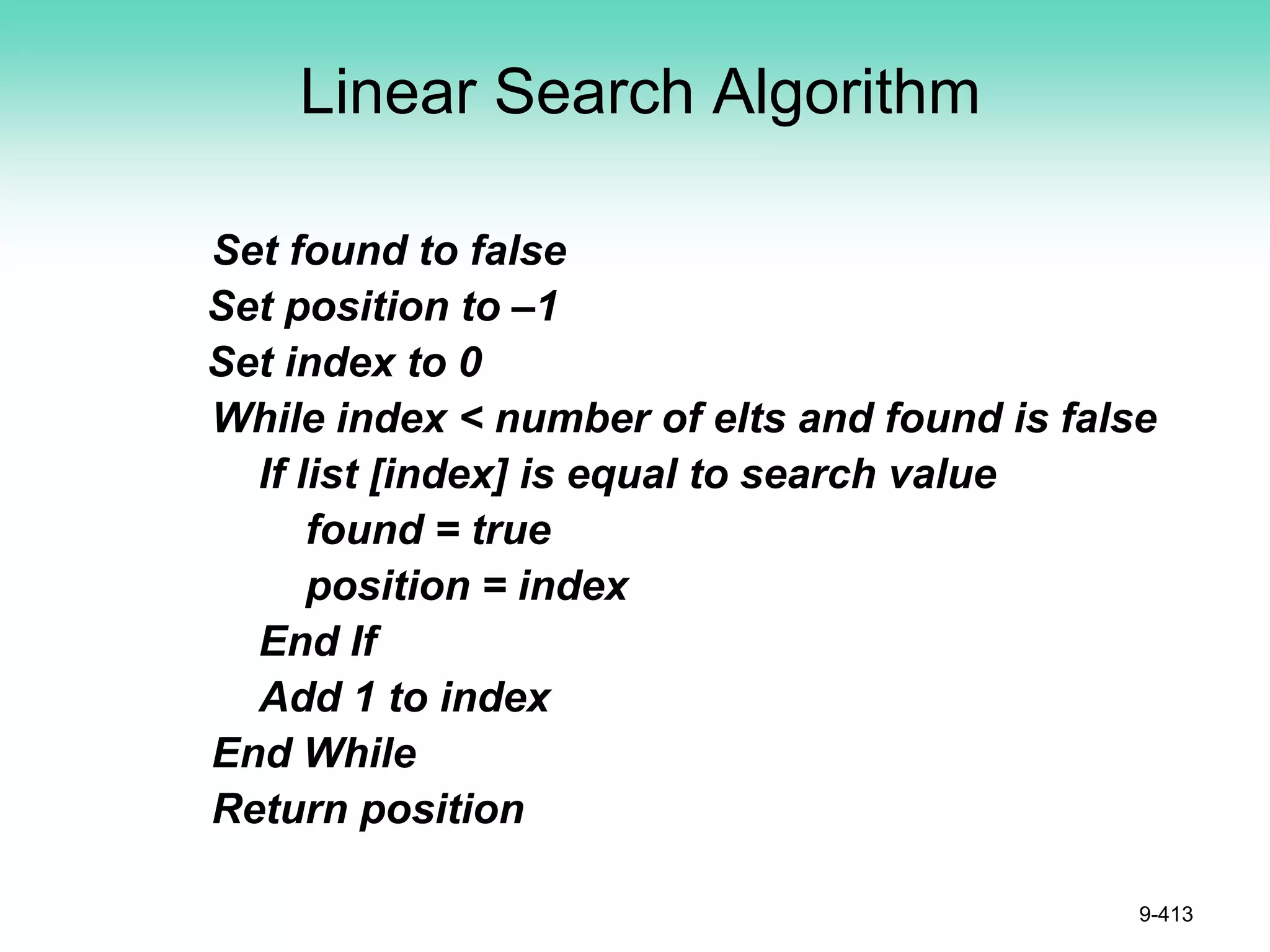 Linear Search Algorithm
Set found to false
Set position to –1
Set index to 0
While index < number of elts and found is false
If list [index] is equal to search value
found = true
position = index
End If
Add 1 to index
End While
Return position
9-413
 