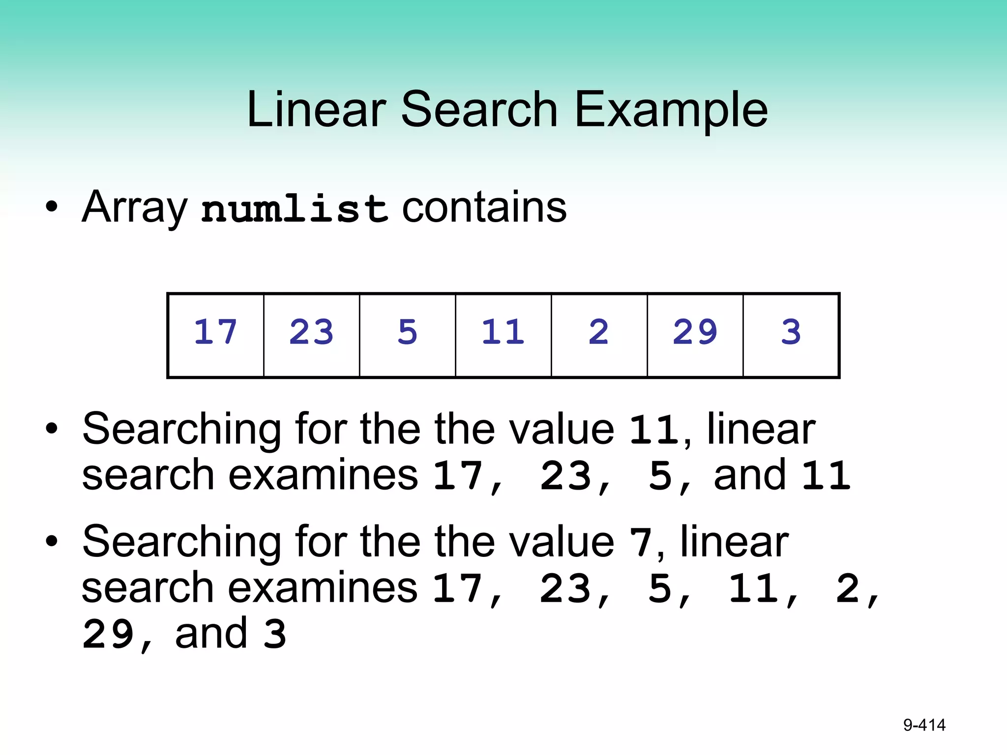 Linear Search Example
• Array numlist contains
• Searching for the the value 11, linear
search examines 17, 23, 5, and 11
• Searching for the the value 7, linear
search examines 17, 23, 5, 11, 2,
29, and 3
9-414
17 23 5 11 2 29 3
 