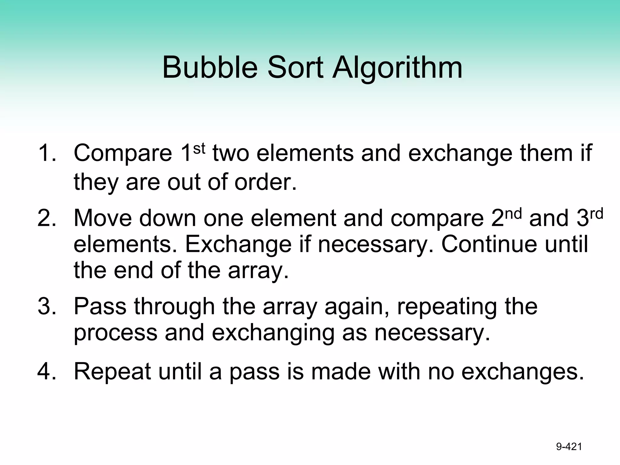 Bubble Sort Algorithm
1. Compare 1st two elements and exchange them if
they are out of order.
2. Move down one element and compare 2nd and 3rd
elements. Exchange if necessary. Continue until
the end of the array.
3. Pass through the array again, repeating the
process and exchanging as necessary.
4. Repeat until a pass is made with no exchanges.
9-421
 