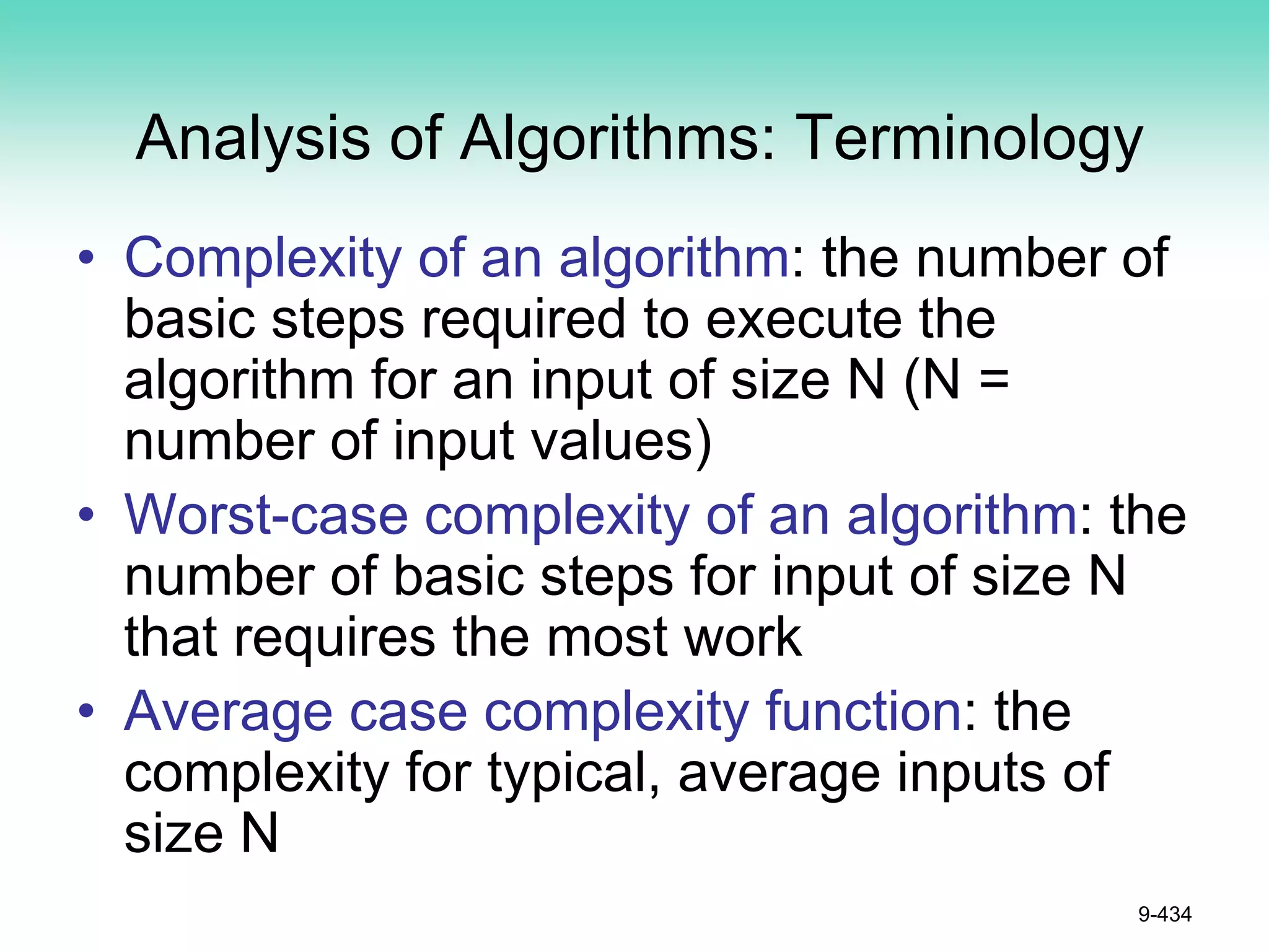 Analysis of Algorithms: Terminology
• Complexity of an algorithm: the number of
basic steps required to execute the
algorithm for an input of size N (N =
number of input values)
• Worst-case complexity of an algorithm: the
number of basic steps for input of size N
that requires the most work
• Average case complexity function: the
complexity for typical, average inputs of
size N
9-434
 