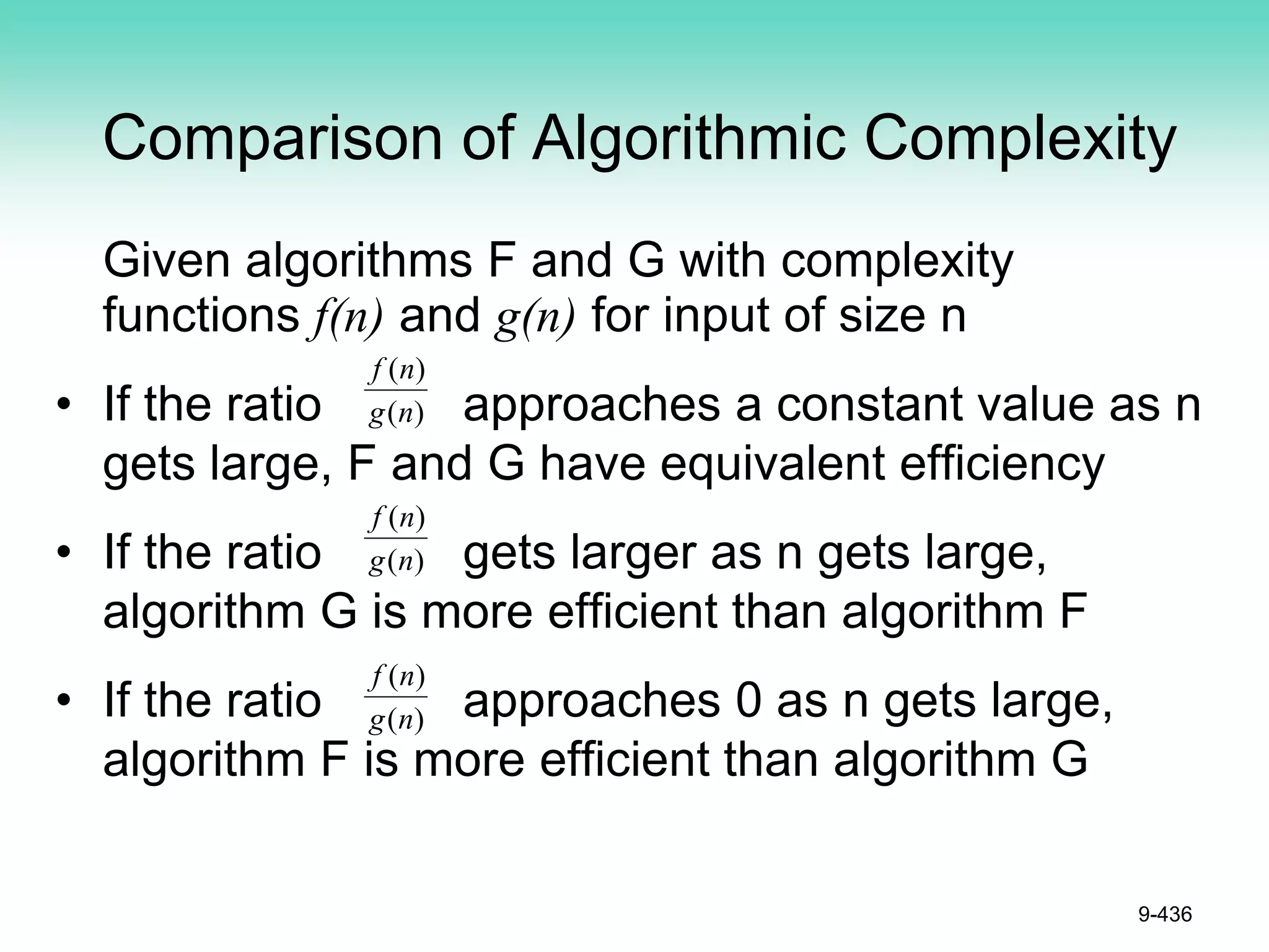 Comparison of Algorithmic Complexity
Given algorithms F and G with complexity
functions f(n) and g(n) for input of size n
• If the ratio approaches a constant value as n
gets large, F and G have equivalent efficiency
• If the ratio gets larger as n gets large,
algorithm G is more efficient than algorithm F
• If the ratio approaches 0 as n gets large,
algorithm F is more efficient than algorithm G
9-436
)
(
)
(
n
g
n
f
)
(
)
(
n
g
n
f
)
(
)
(
n
g
n
f
 