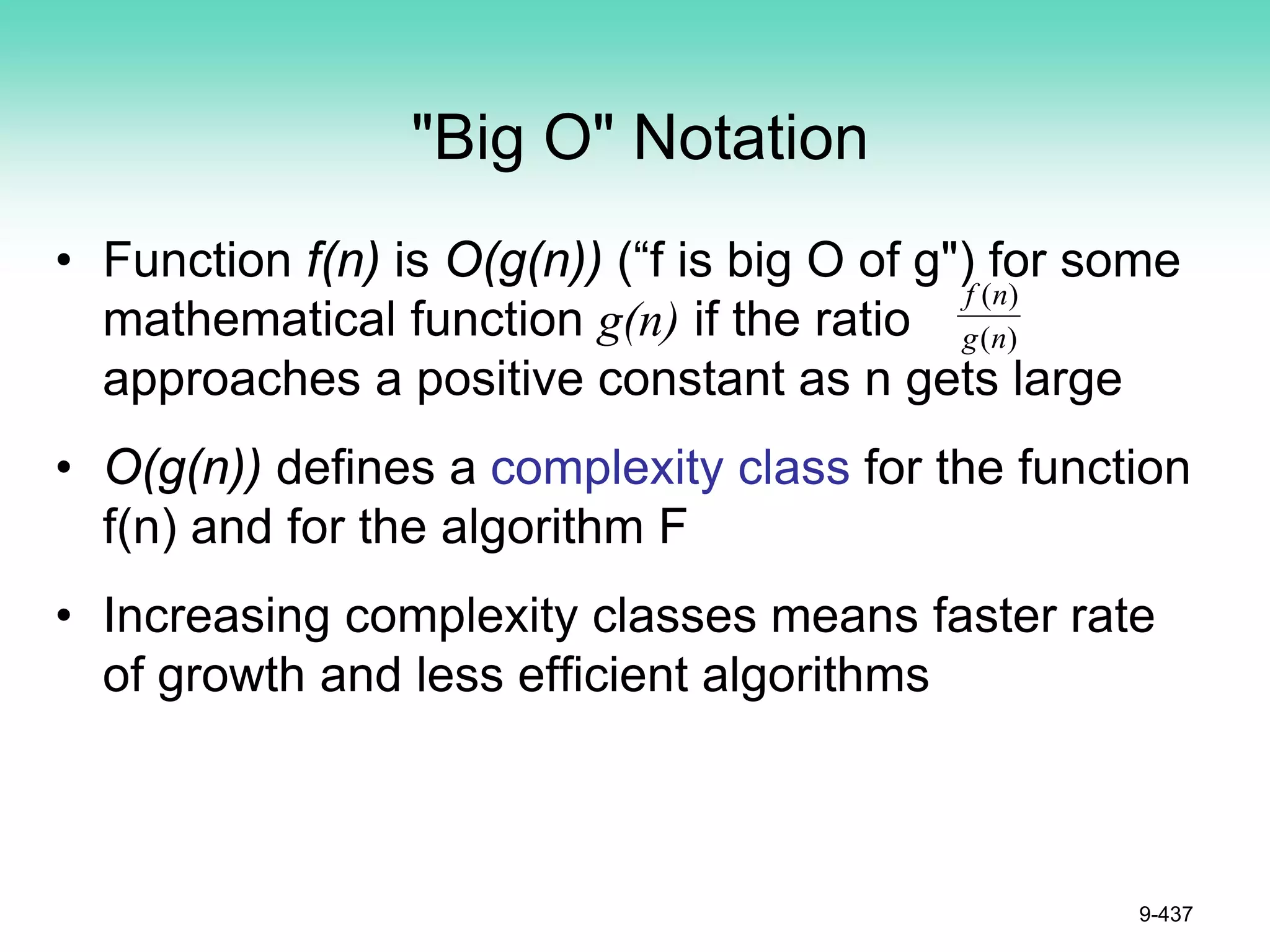 "Big O" Notation
• Function f(n) is O(g(n)) (“f is big O of g") for some
mathematical function g(n) if the ratio
approaches a positive constant as n gets large
• O(g(n)) defines a complexity class for the function
f(n) and for the algorithm F
• Increasing complexity classes means faster rate
of growth and less efficient algorithms
9-437
)
(
)
(
n
g
n
f
 