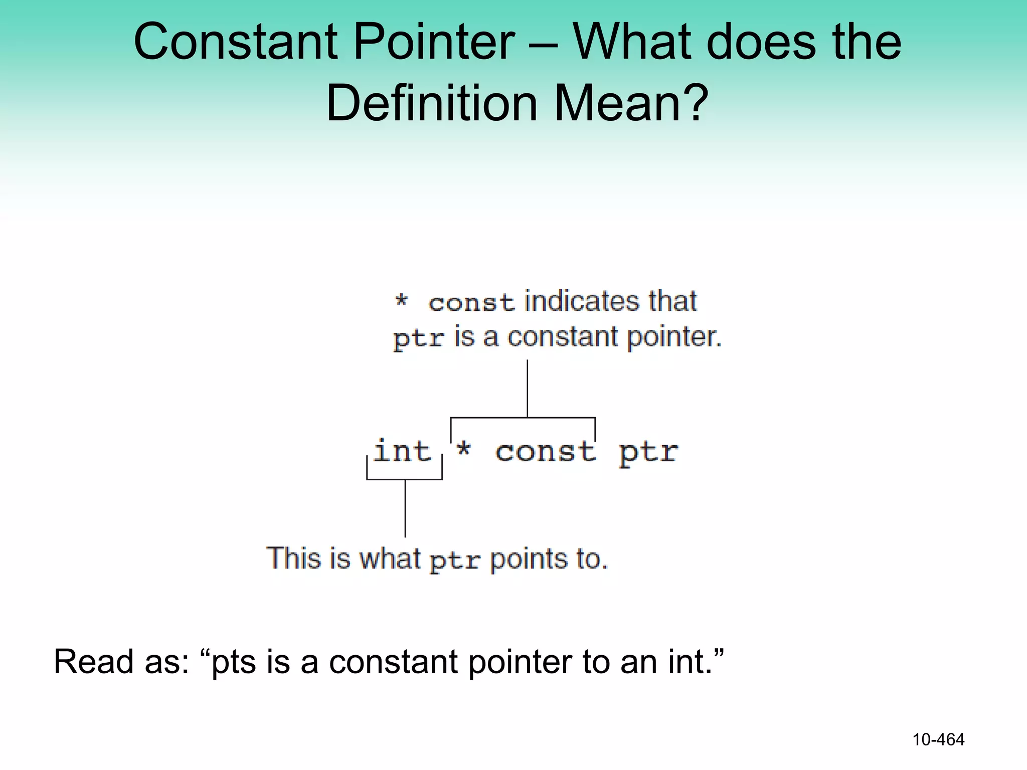 Constant Pointer – What does the
Definition Mean?
10-464
Read as: “pts is a constant pointer to an int.”
 
