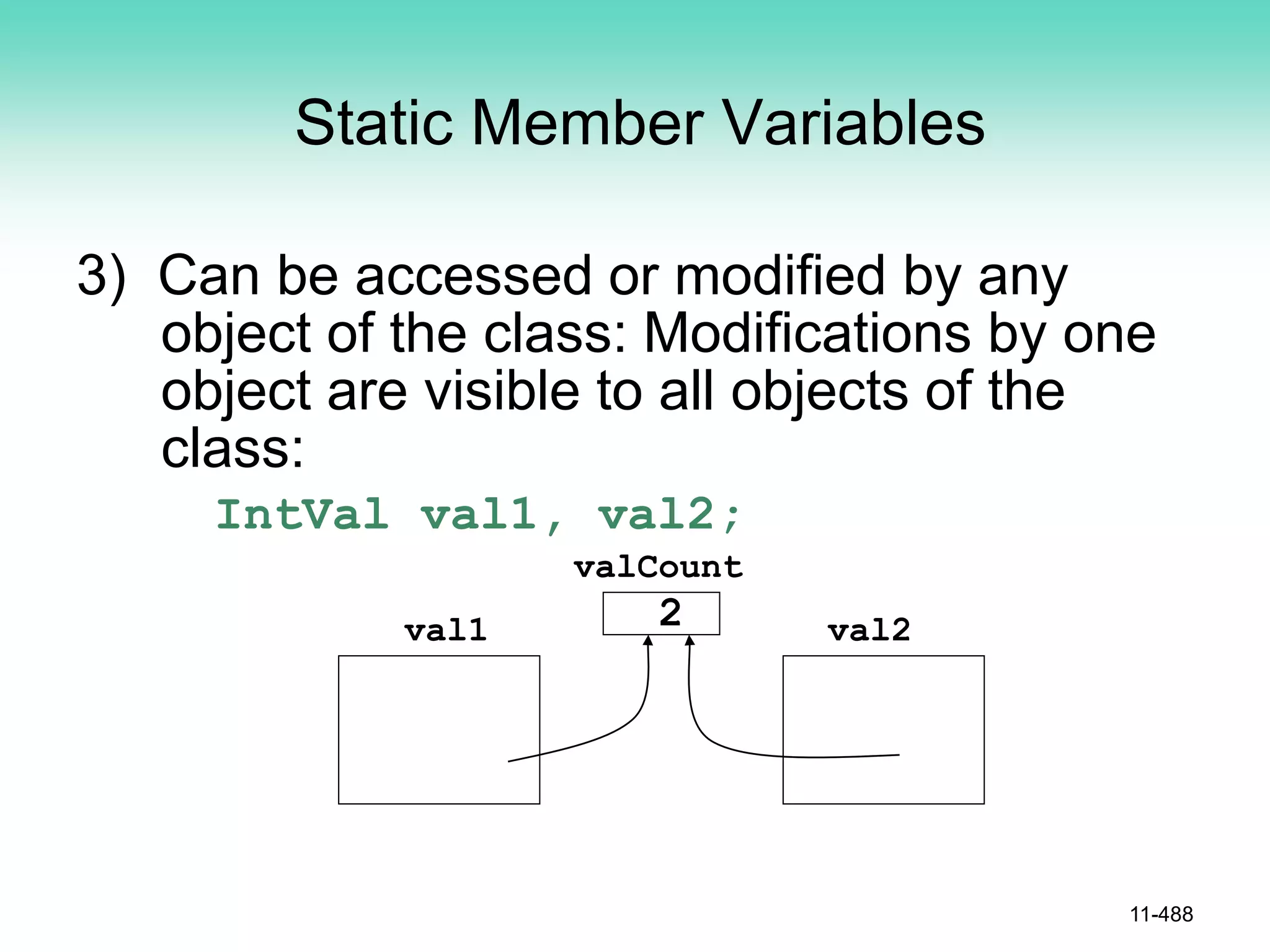 Static Member Variables
3) Can be accessed or modified by any
object of the class: Modifications by one
object are visible to all objects of the
class:
IntVal val1, val2;
11-488
valCount
val1 val2
2
 