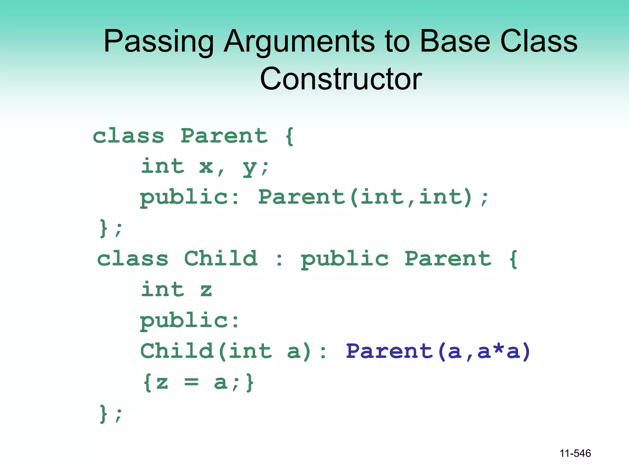 Passing Arguments to Base Class
Constructor
class Parent {
int x, y;
public: Parent(int,int);
};
class Child : public Parent {
int z
public:
Child(int a): Parent(a,a*a)
{z = a;}
};
11-546
 