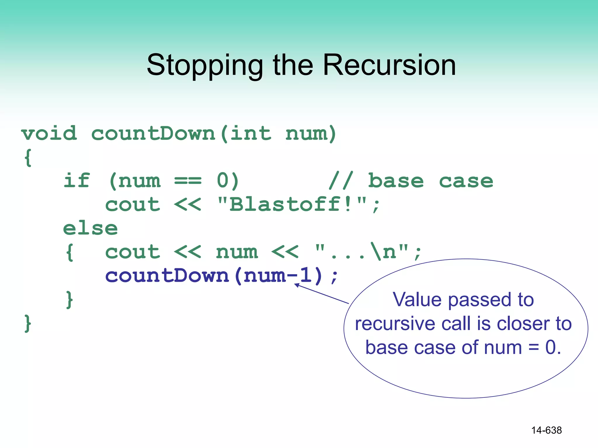 Stopping the Recursion
void countDown(int num)
{
if (num == 0) // base case
cout << "Blastoff!";
else
{ cout << num << "...n";
countDown(num-1);
}
}
14-638
Value passed to
recursive call is closer to
base case of num = 0.
 