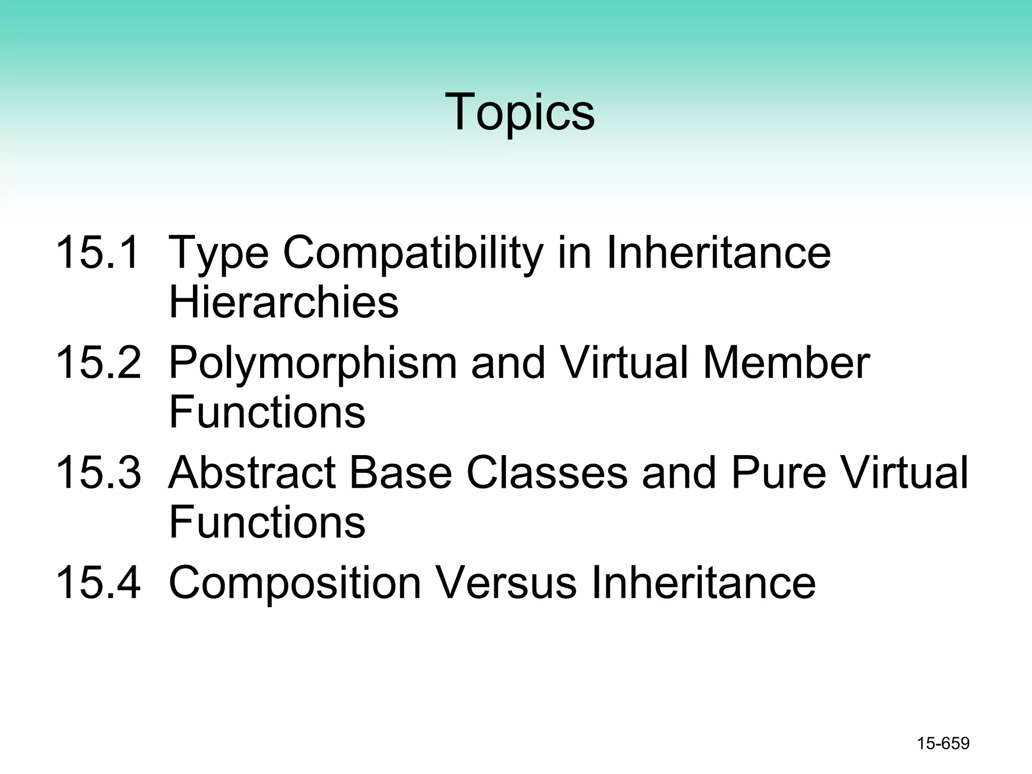 Topics
15.1 Type Compatibility in Inheritance
Hierarchies
15.2 Polymorphism and Virtual Member
Functions
15.3 Abstract Base Classes and Pure Virtual
Functions
15.4 Composition Versus Inheritance
15-659
 