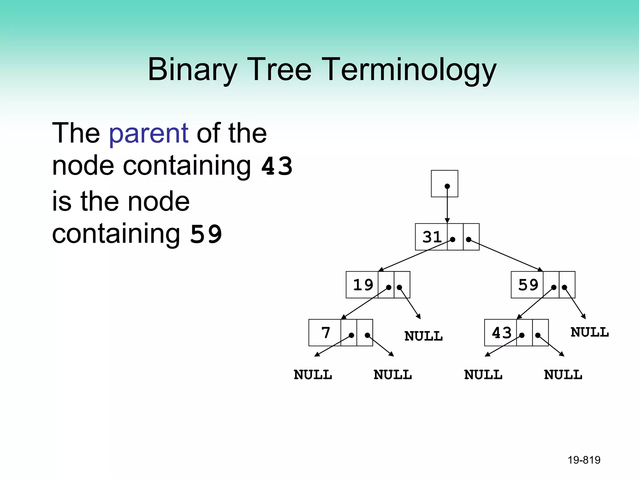 Binary Tree Terminology
The parent of the
node containing 43
is the node
containing 59
19-819
NULL NULL
7
19
31
43
59
NULL NULL NULL NULL
 