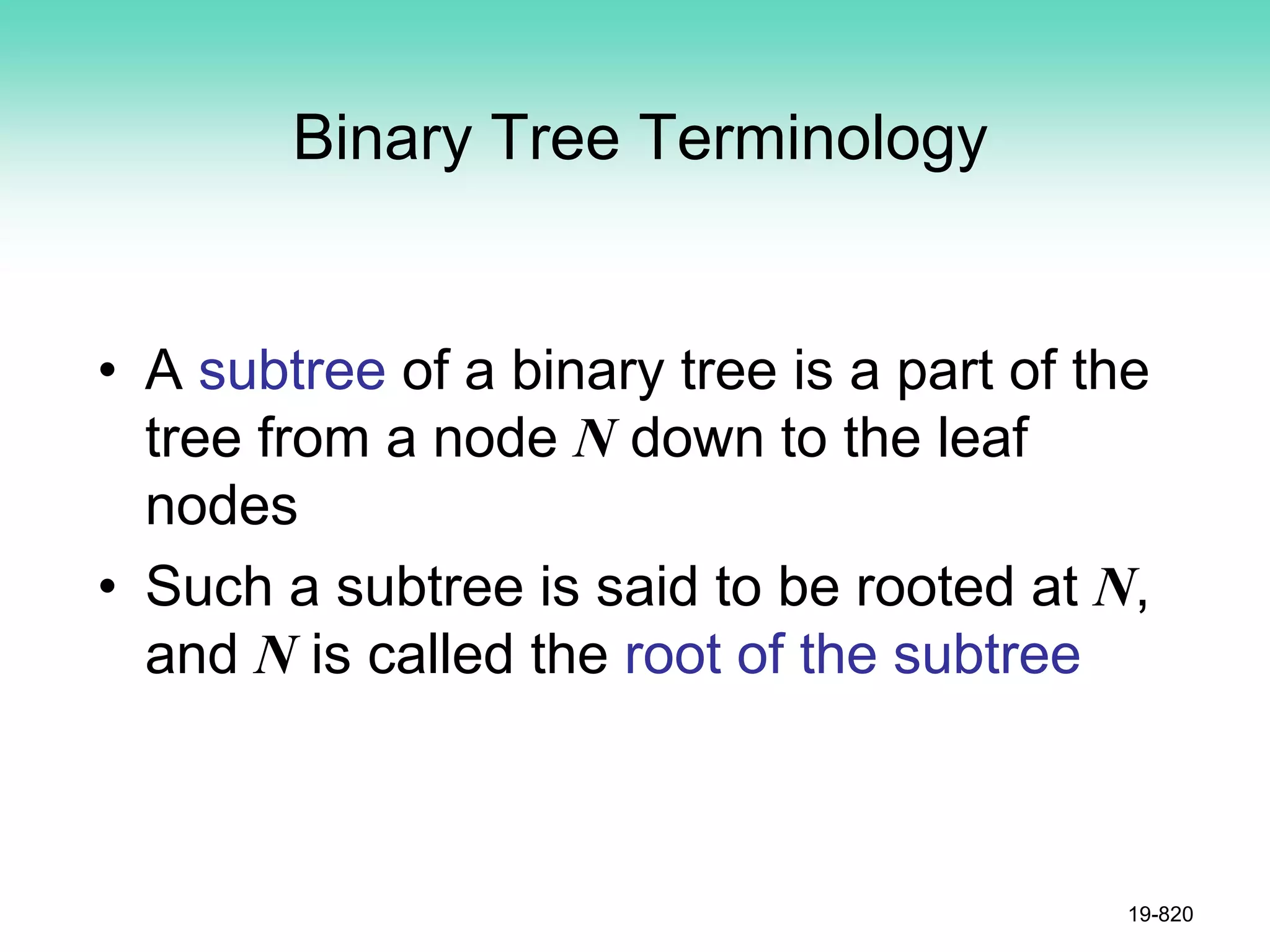 Binary Tree Terminology
• A subtree of a binary tree is a part of the
tree from a node N down to the leaf
nodes
• Such a subtree is said to be rooted at N,
and N is called the root of the subtree
19-820
 