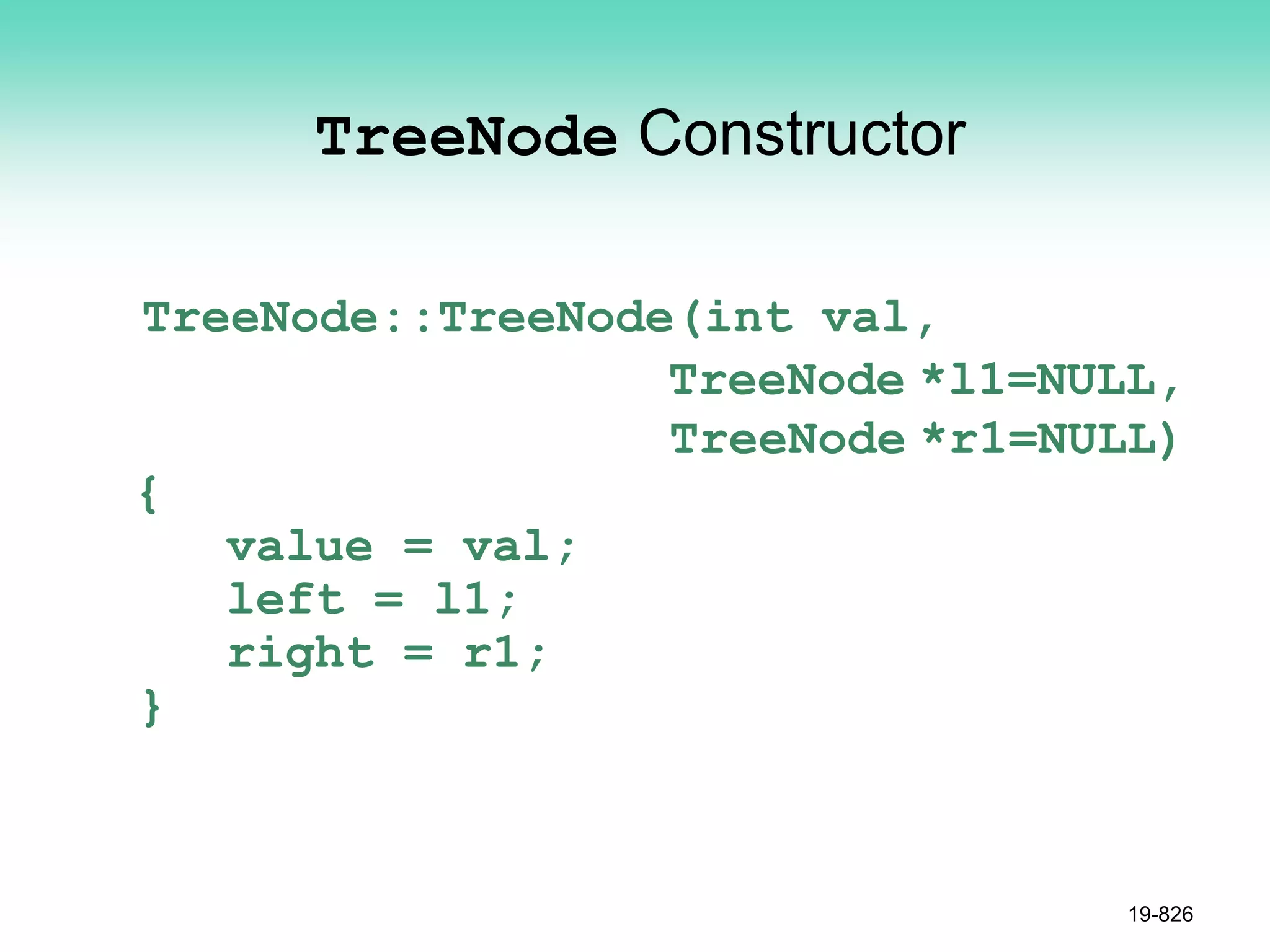 TreeNode Constructor
TreeNode::TreeNode(int val,
TreeNode *l1=NULL,
TreeNode *r1=NULL)
{
value = val;
left = l1;
right = r1;
}
19-826
 