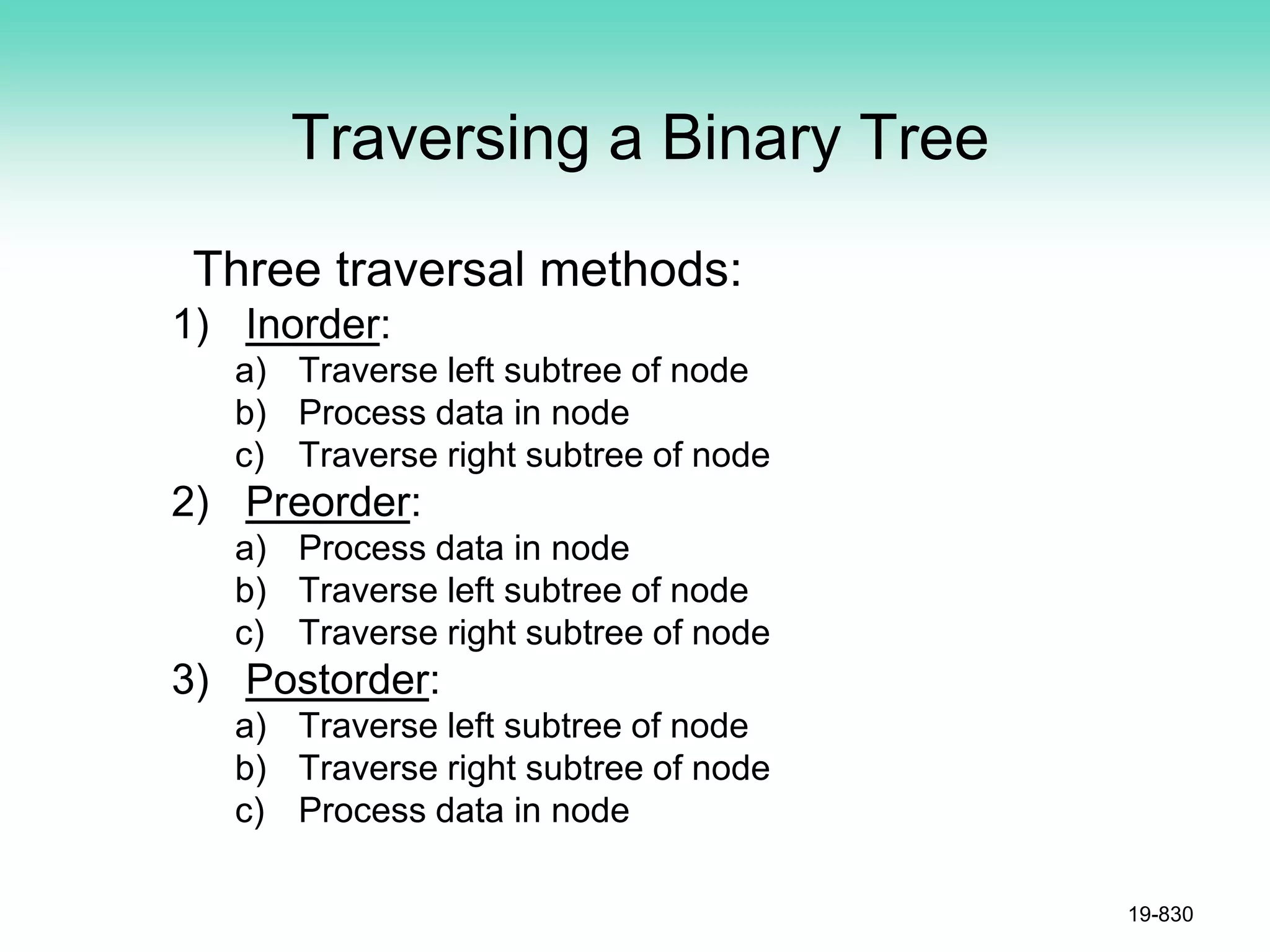 Traversing a Binary Tree
Three traversal methods:
1) Inorder:
a) Traverse left subtree of node
b) Process data in node
c) Traverse right subtree of node
2) Preorder:
a) Process data in node
b) Traverse left subtree of node
c) Traverse right subtree of node
3) Postorder:
a) Traverse left subtree of node
b) Traverse right subtree of node
c) Process data in node
19-830
 