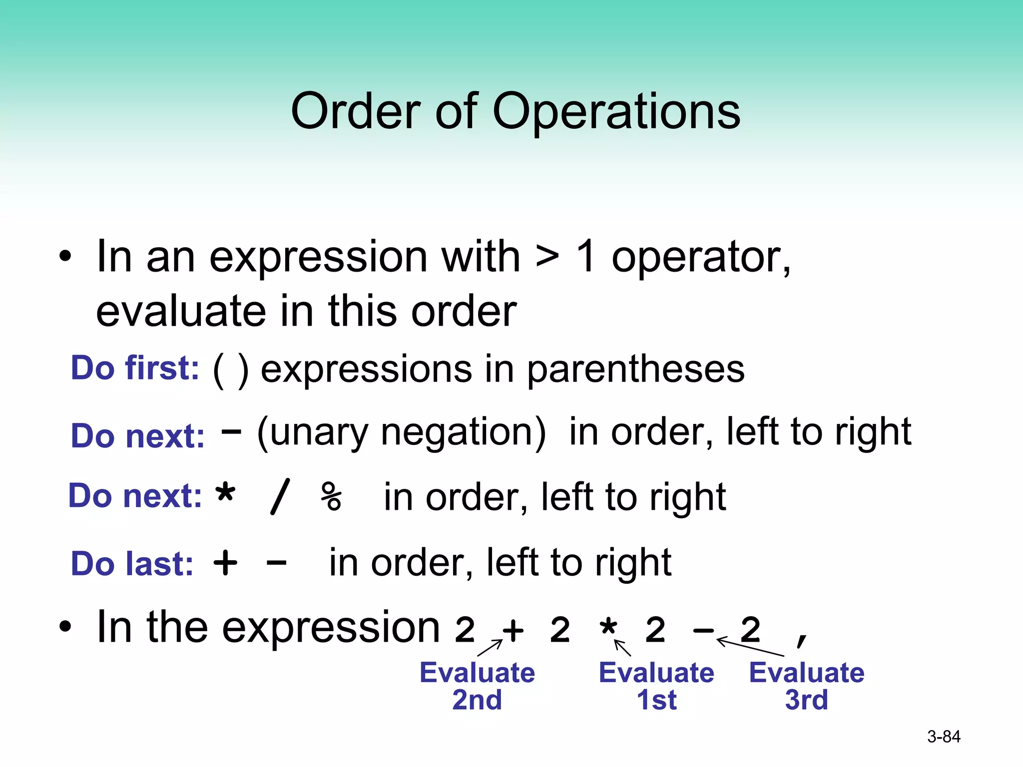 Order of Operations
• In an expression with > 1 operator,
evaluate in this order
( ) expressions in parentheses
- (unary negation) in order, left to right
* / % in order, left to right
+ - in order, left to right
• In the expression 2 + 2 * 2 – 2 ,
3-84
Do first:
Do next:
Do next:
Evaluate
1st
Evaluate
2nd
Evaluate
3rd
Do last:
 