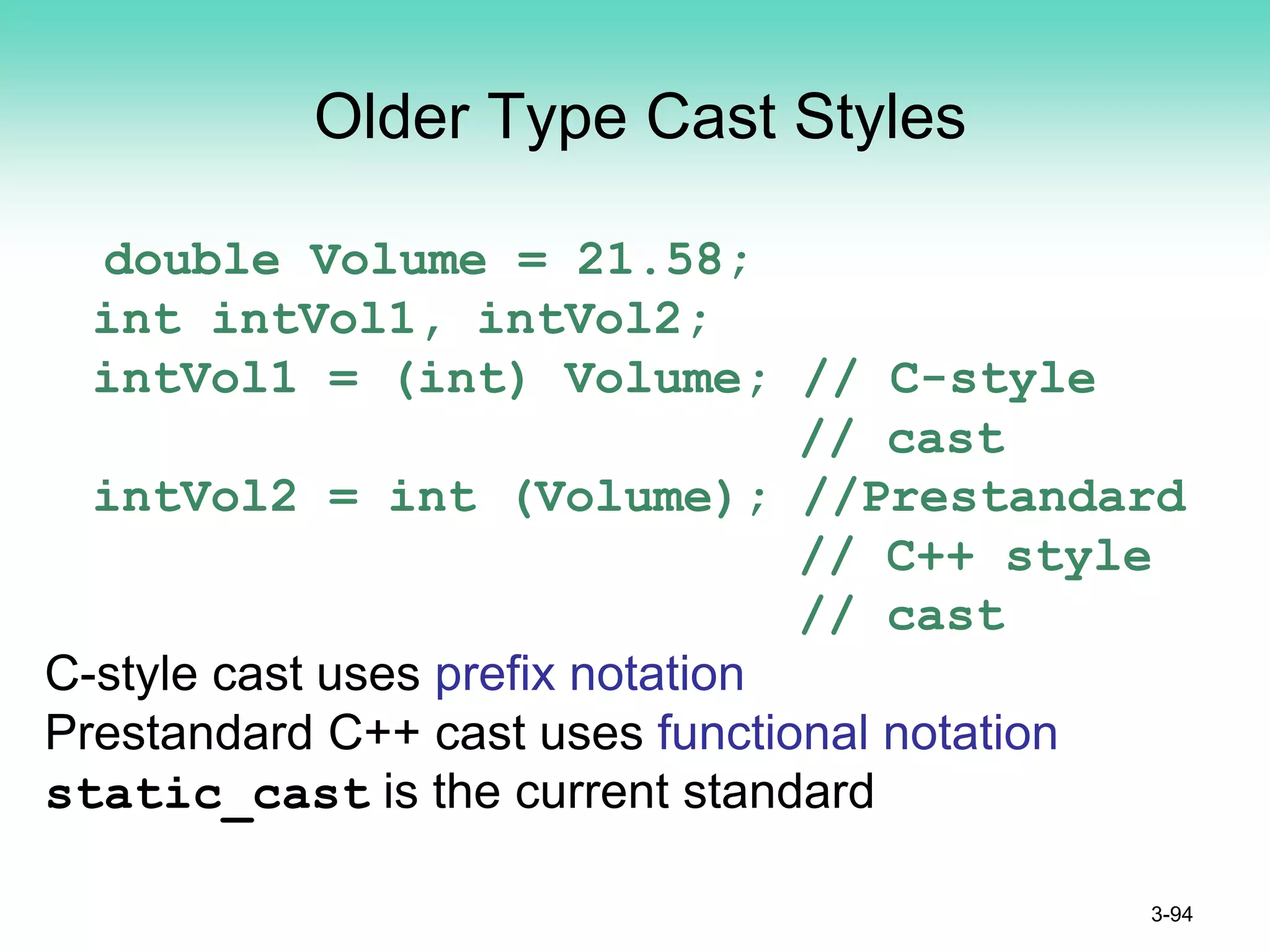 Older Type Cast Styles
double Volume = 21.58;
int intVol1, intVol2;
intVol1 = (int) Volume; // C-style
// cast
intVol2 = int (Volume); //Prestandard
// C++ style
// cast
C-style cast uses prefix notation
Prestandard C++ cast uses functional notation
static_cast is the current standard
3-94
 