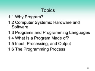 Topics
1.1 Why Program?
1.2 Computer Systems: Hardware and
Software
1.3 Programs and Programming Languages
1.4 What Is a Program Made of?
1.5 Input, Processing, and Output
1.6 The Programming Process
1-3
 