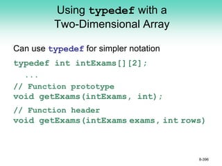 Using typedef with a
Two-Dimensional Array
Can use typedef for simpler notation
typedef int intExams[][2];
...
// Function prototype
void getExams(intExams, int);
// Function header
void getExams(intExams exams, int rows)
8-396
 