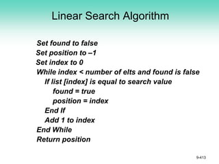 Linear Search Algorithm
Set found to false
Set position to –1
Set index to 0
While index < number of elts and found is false
If list [index] is equal to search value
found = true
position = index
End If
Add 1 to index
End While
Return position
9-413
 