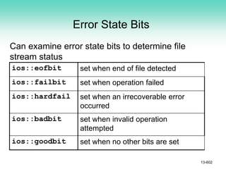 Error State Bits
Can examine error state bits to determine file
stream status
ios::eofbit set when end of file detected
ios::failbit set when operation failed
ios::hardfail set when an irrecoverable error
occurred
ios::badbit set when invalid operation
attempted
ios::goodbit set when no other bits are set
13-602
 