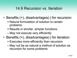 14.9 Recursion vs. Iteration
• Benefits (+), disadvantages(-) for recursion:
+ Natural formulation of solution to certain
problems
+ Results in shorter, simpler functions
– May not execute very efficiently
• Benefits (+), disadvantages(-) for iteration:
+ Executes more efficiently than recursion
– May not be as natural a method of solution as
recursion for some problems
14-657
 