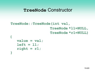 TreeNode Constructor
TreeNode::TreeNode(int val,
TreeNode *l1=NULL,
TreeNode *r1=NULL)
{
value = val;
left = l1;
right = r1;
}
19-826
 