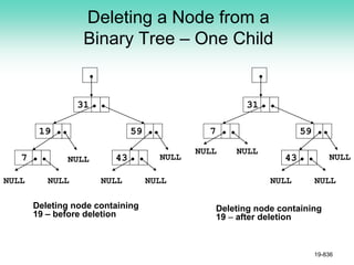Deleting a Node from a
Binary Tree – One Child
19-836
NULL NULL
7
19
31
43
59
NULL NULL NULL NULL
NULL
7
31
43
59
NULL NULL
NULL NULL
Deleting node containing
19 – before deletion
Deleting node containing
19 – after deletion
 