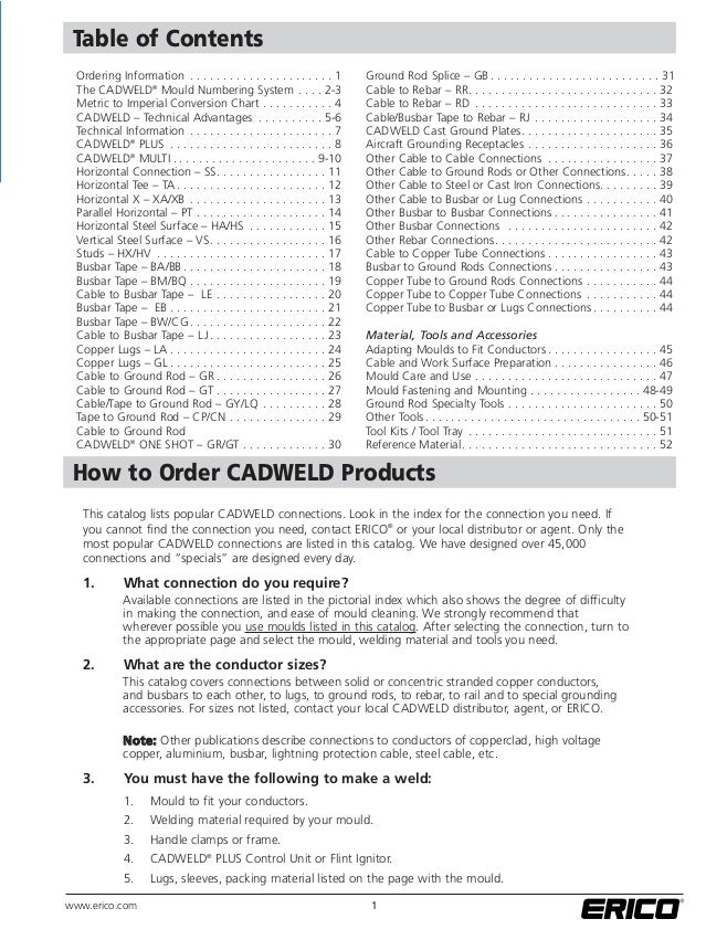 Cadweld Mold Chart