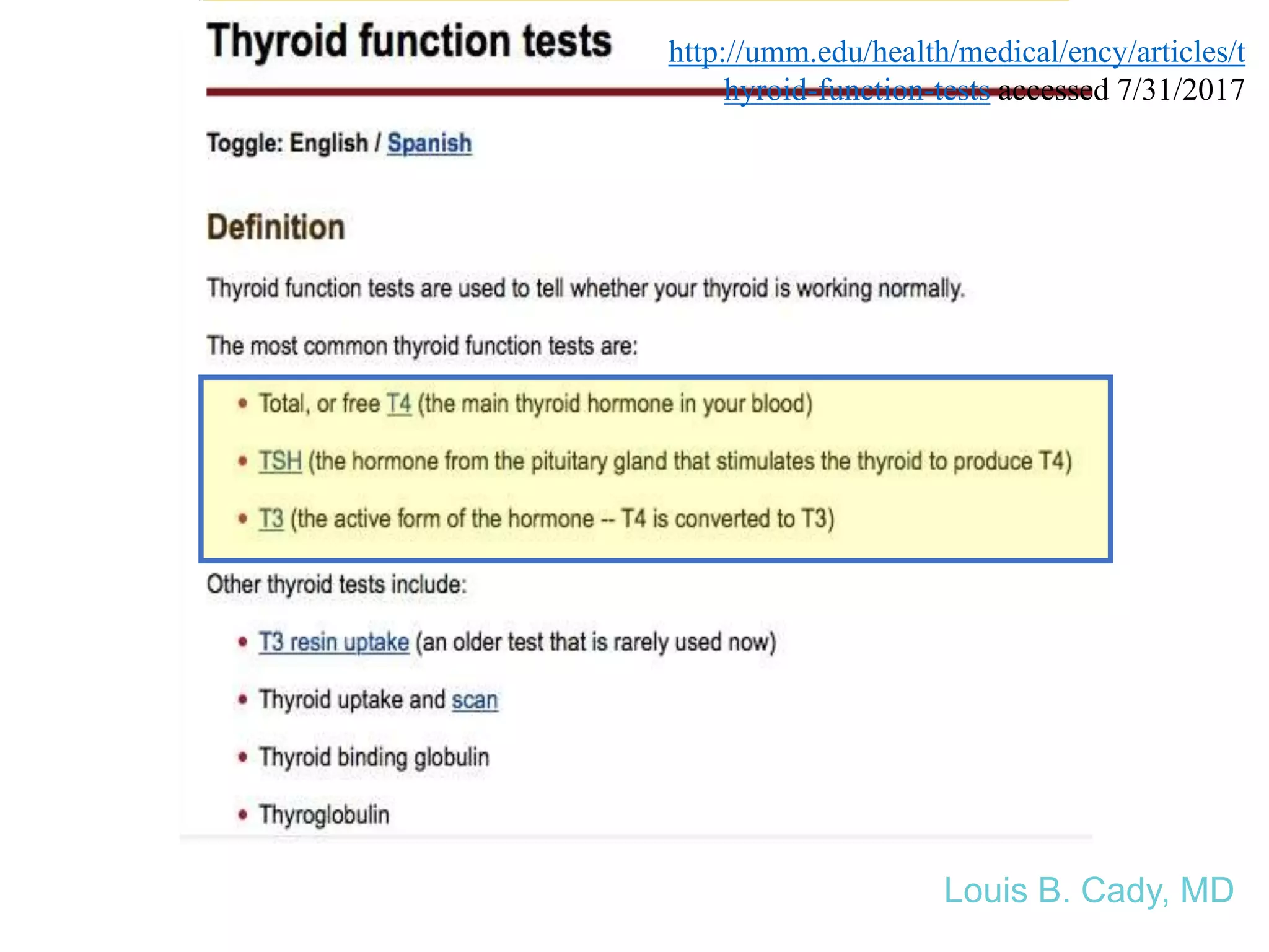 Louis B. Cady, MD
http://umm.edu/health/medical/ency/articles/t
hyroid-function-tests accessed 7/31/2017
 