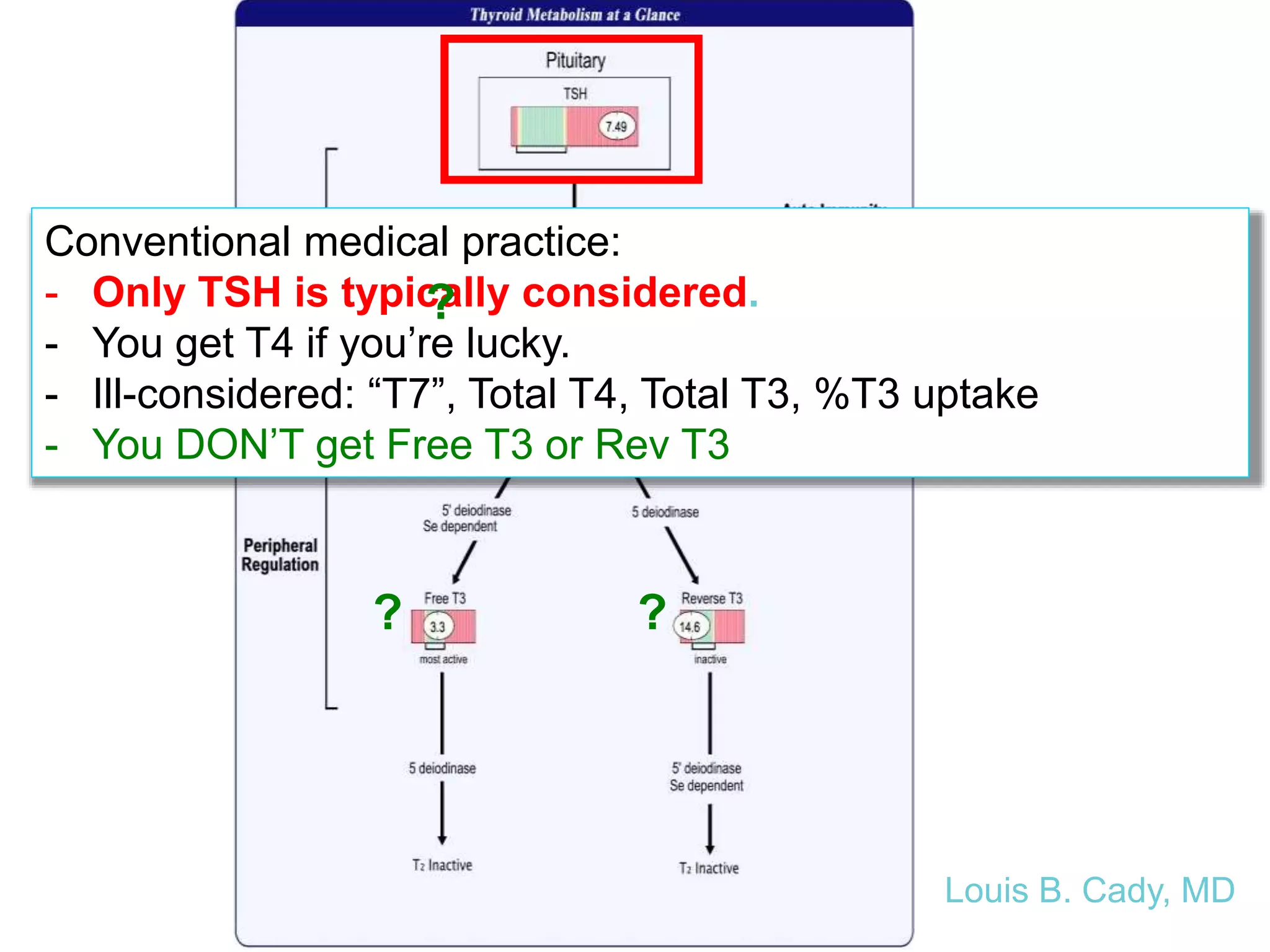 Conventional medical practice:
- Only TSH is typically considered.
- You get T4 if you’re lucky.
- Ill-considered: “T7”, Total T4, Total T3, %T3 uptake
- You DON’T get Free T3 or Rev T3
? ?
Louis B. Cady, MD
?
 