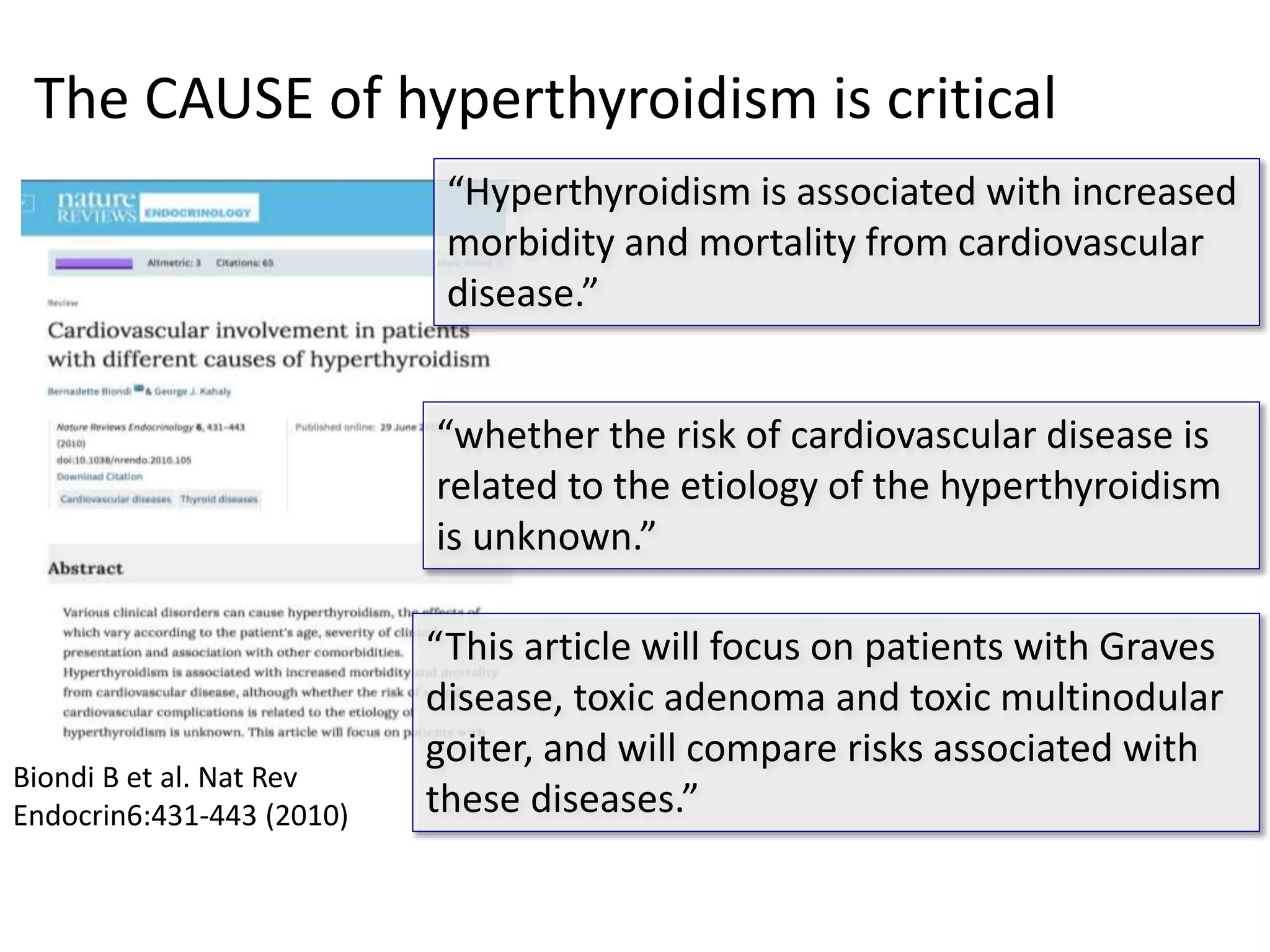 The CAUSE of hyperthyroidism is critical
“Hyperthyroidism is associated with increased
morbidity and mortality from cardiovascular
disease.”
“whether the risk of cardiovascular disease is
related to the etiology of the hyperthyroidism
is unknown.”
“This article will focus on patients with Graves
disease, toxic adenoma and toxic multinodular
goiter, and will compare risks associated with
these diseases.”
Biondi B et al. Nat Rev
Endocrin6:431-443 (2010)
 
