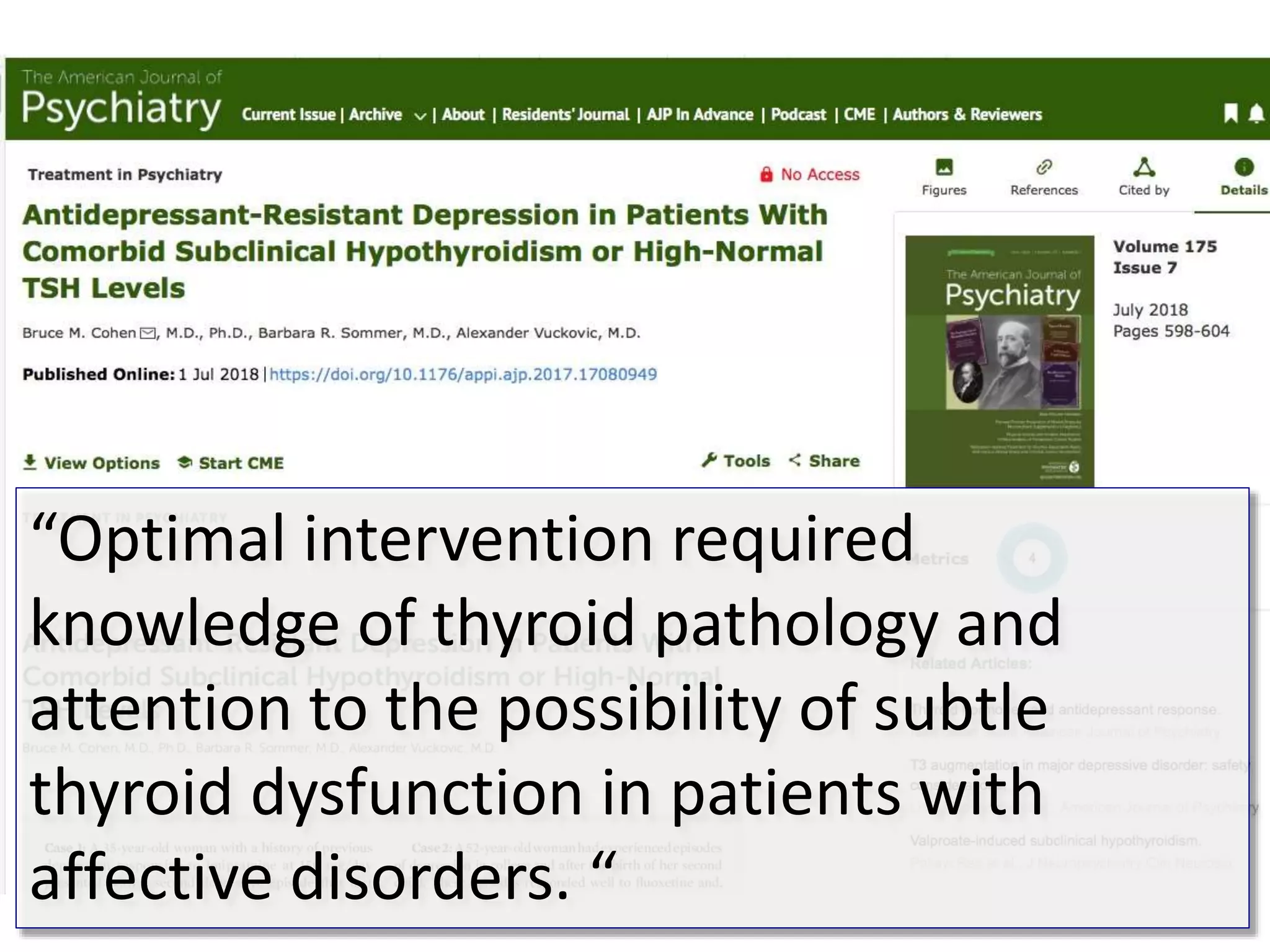 “Optimal intervention required
knowledge of thyroid pathology and
attention to the possibility of subtle
thyroid dysfunction in patients with
affective disorders. “
 
