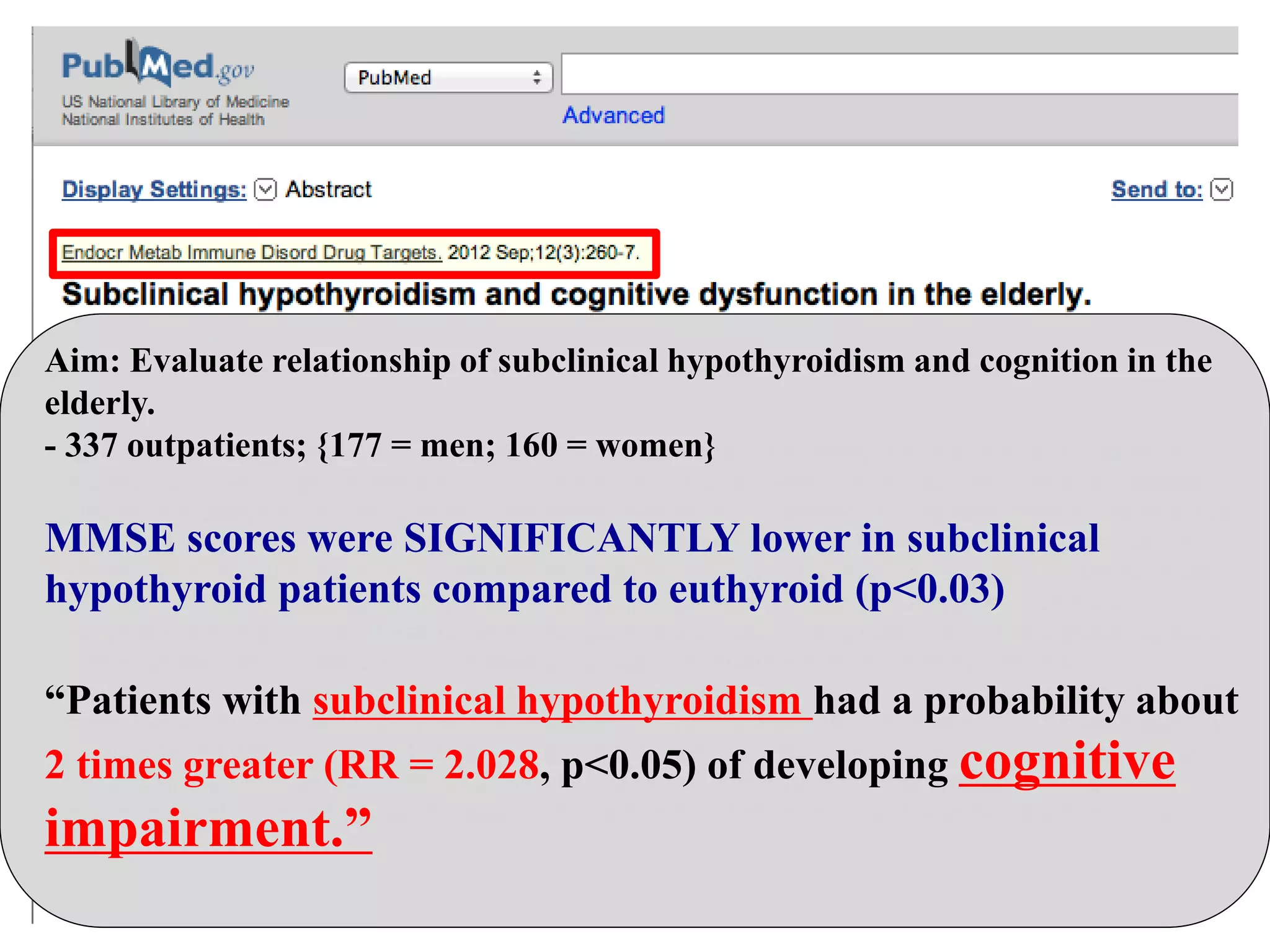 Aim: Evaluate relationship of subclinical hypothyroidism and cognition in the
elderly.
- 337 outpatients; {177 = men; 160 = women}
“Patients with subclinical hypothyroidism had a probability about
2 times greater (RR = 2.028, p<0.05) of developing cognitive
impairment.”
MMSE scores were SIGNIFICANTLY lower in subclinical
hypothyroid patients compared to euthyroid (p<0.03)
 