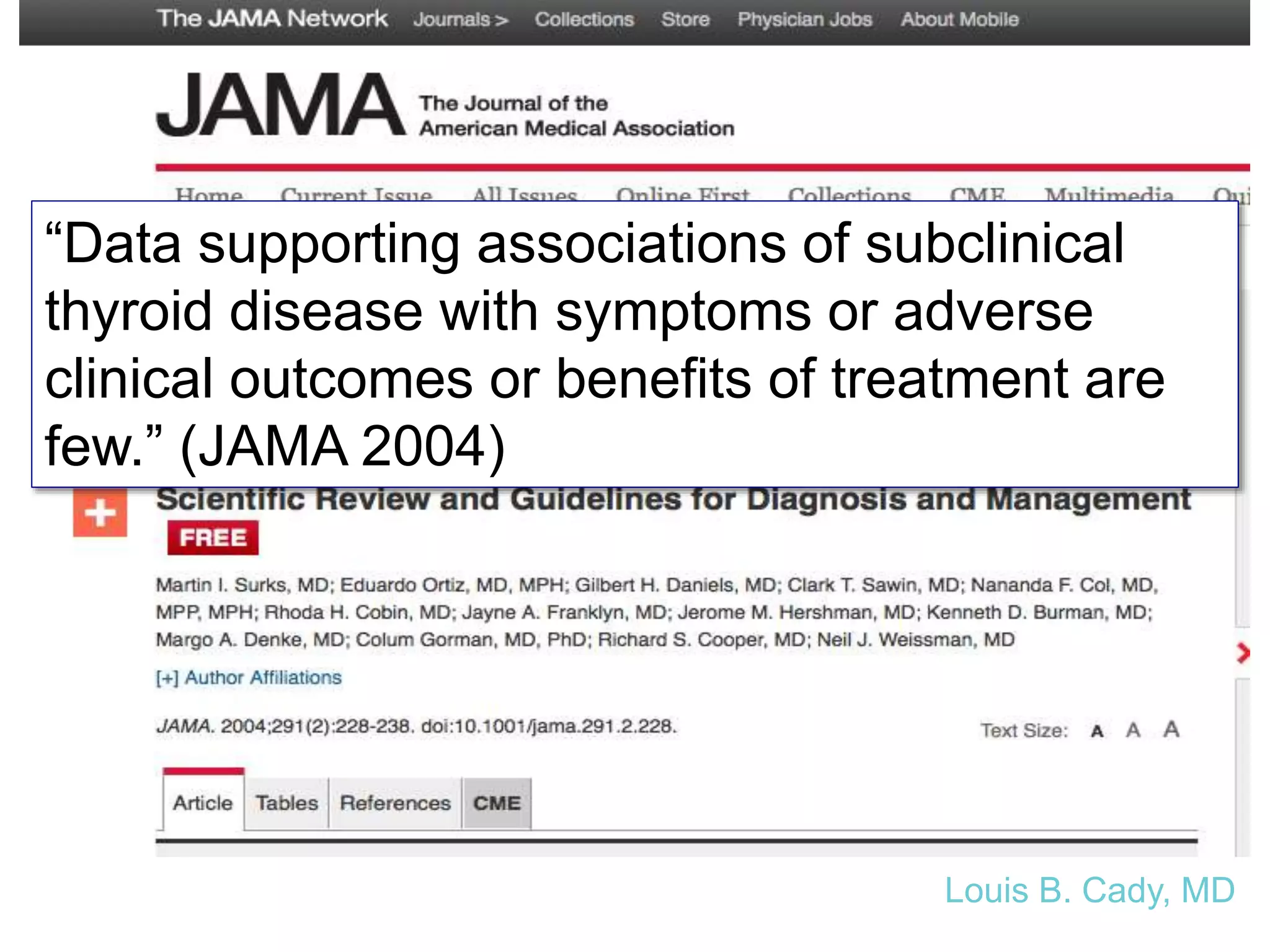 “Data supporting associations of subclinical
thyroid disease with symptoms or adverse
clinical outcomes or benefits of treatment are
few.” (JAMA 2004)
Louis B. Cady, MD
 