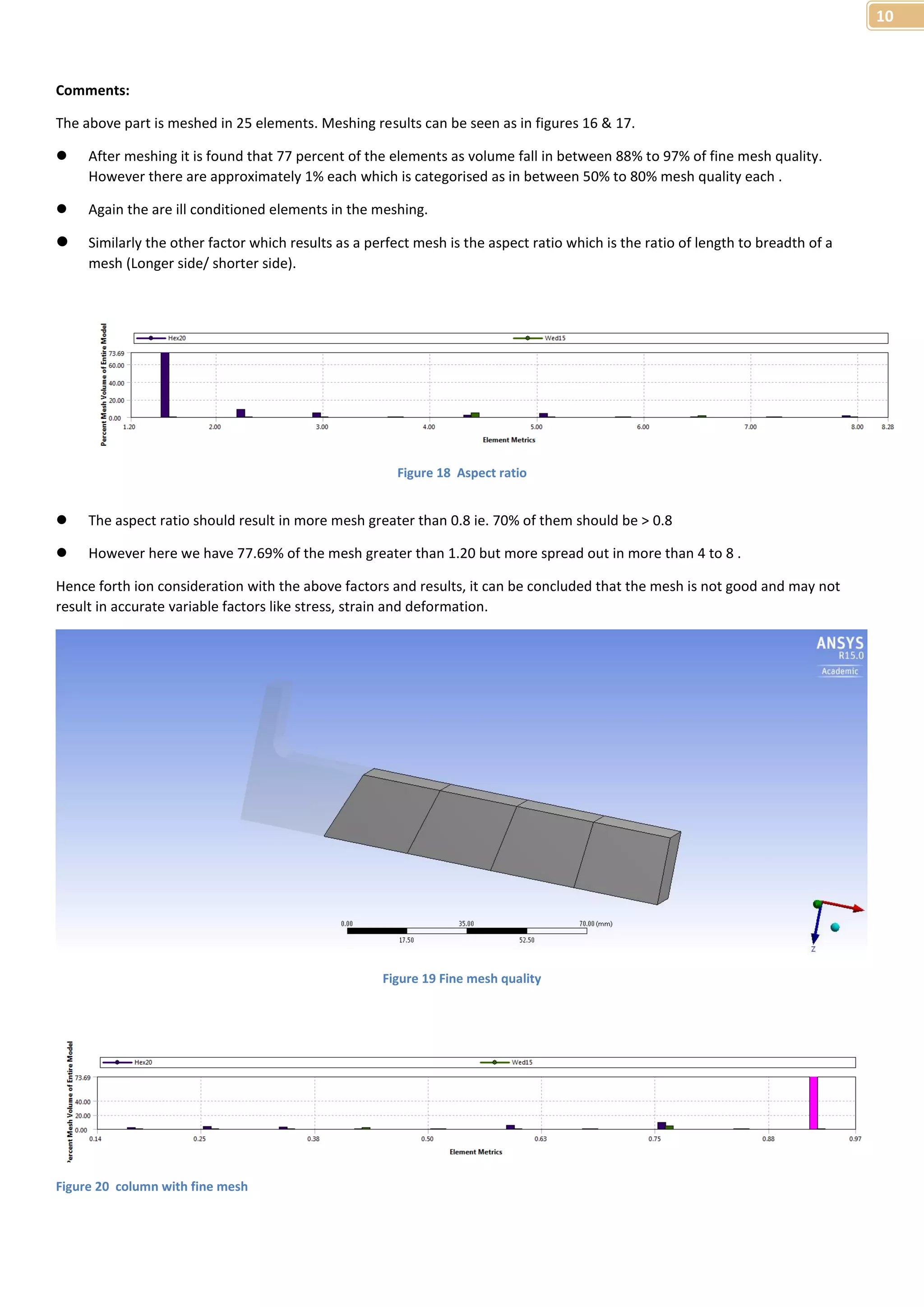 10 
Comments: 
The above part is meshed in 25 elements. Meshing results can be seen as in figures 16 & 17. 
 After meshing it is found that 77 percent of the elements as volume fall in between 88% to 97% of fine mesh quality. 
However there are approximately 1% each which is categorised as in between 50% to 80% mesh quality each . 
 Again the are ill conditioned elements in the meshing. 
 Similarly the other factor which results as a perfect mesh is the aspect ratio which is the ratio of length to breadth of a 
mesh (Longer side/ shorter side). 
Figure 18 Aspect ratio 
 The aspect ratio should result in more mesh greater than 0.8 ie. 70% of them should be > 0.8 
 However here we have 77.69% of the mesh greater than 1.20 but more spread out in more than 4 to 8 . 
Hence forth ion consideration with the above factors and results, it can be concluded that the mesh is not good and may not 
result in accurate variable factors like stress, strain and deformation. 
Figure 19 Fine mesh quality 
Figure 20 column with fine mesh 
 