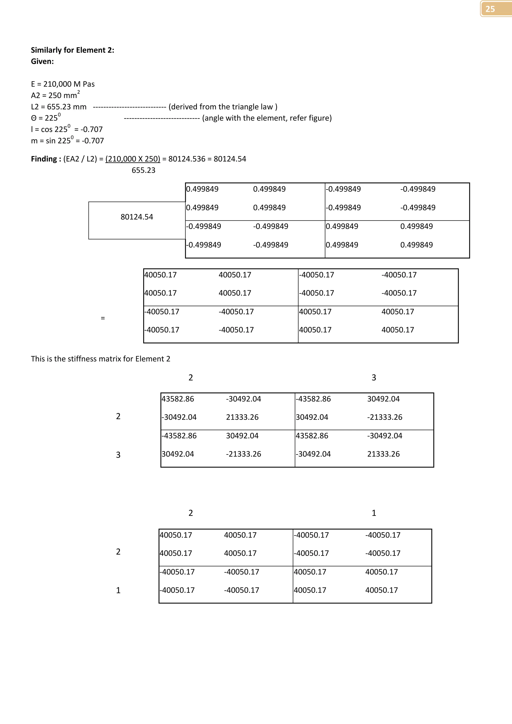 25 
Similarly for Element 2: 
Given: 
E = 210,000 M Pas 
A2 = 250 mm2 
L2 = 655.23 mm ---------------------------- (derived from the triangle law ) 
Θ = 2250 ----------------------------- (angle with the element, refer figure) 
l = cos 2250 = -0.707 
m = sin 2250 = -0.707 
Finding : (EA2 / L2) = (210,000 X 250) = 80124.536 = 80124.54 
655.23 
= 
This is the stiffness matrix for Element 2 
2 3 
2 
3 
2 1 
2 
1 
0.499849 0.499849 -0.499849 -0.499849 
80124.54 
0.499849 0.499849 -0.499849 -0.499849 
-0.499849 -0.499849 0.499849 0.499849 
-0.499849 -0.499849 0.499849 0.499849 
40050.17 40050.17 -40050.17 -40050.17 
40050.17 40050.17 -40050.17 -40050.17 
-40050.17 -40050.17 40050.17 40050.17 
-40050.17 -40050.17 40050.17 40050.17 
43582.86 -30492.04 -43582.86 30492.04 
-30492.04 21333.26 30492.04 -21333.26 
-43582.86 30492.04 43582.86 -30492.04 
30492.04 -21333.26 -30492.04 21333.26 
40050.17 40050.17 -40050.17 -40050.17 
40050.17 40050.17 -40050.17 -40050.17 
-40050.17 -40050.17 40050.17 40050.17 
-40050.17 -40050.17 40050.17 40050.17 
 
