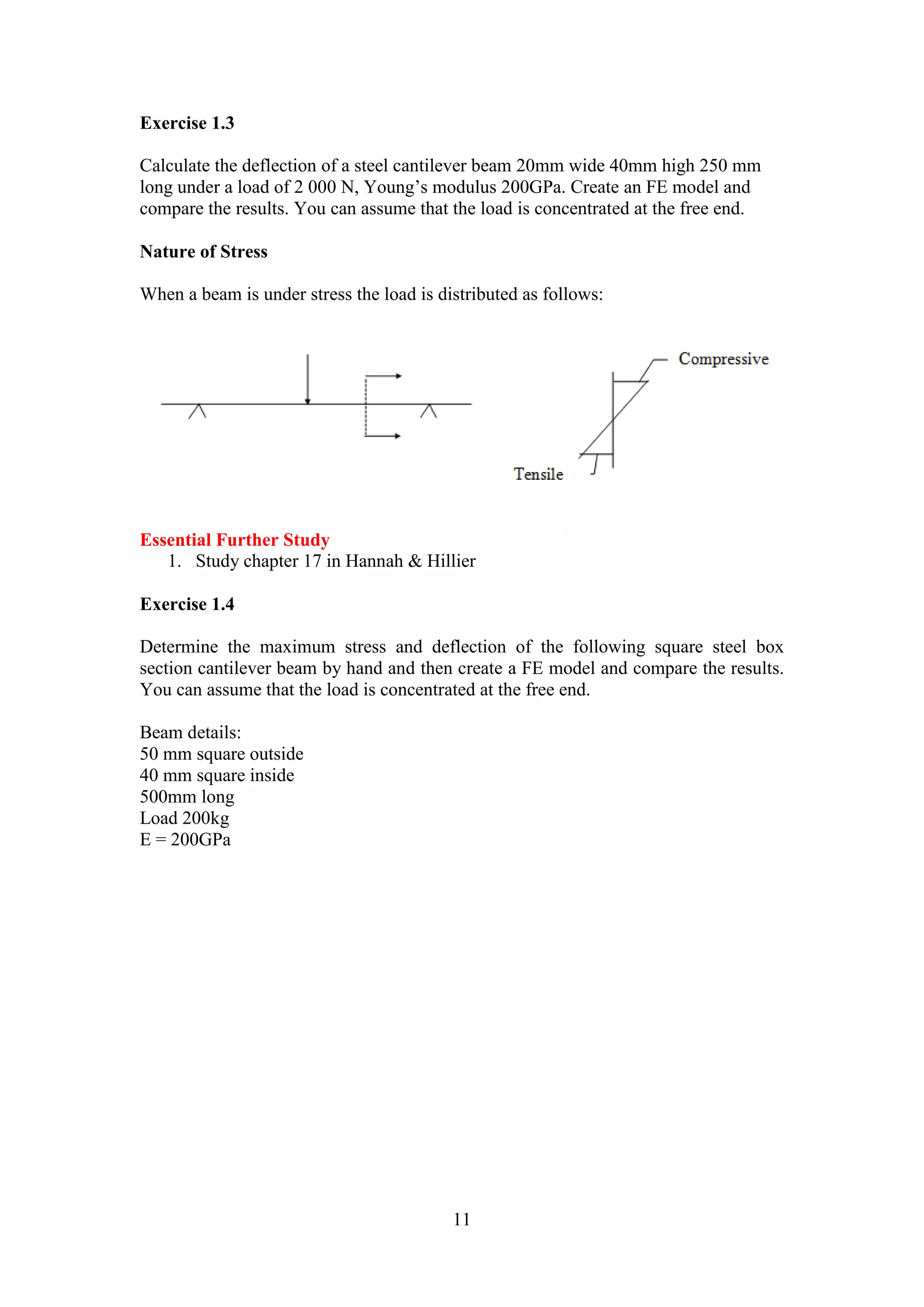 11 
Exercise 1.3 
Calculate the deflection of a steel cantilever beam 20mm wide 40mm high 250 mm 
long under a load of 2 000 N, Young’s modulus 200GPa. Create an FE model and 
compare the results. You can assume that the load is concentrated at the free end. 
Nature of Stress 
When a beam is under stress the load is distributed as follows: 
Essential Further Study 
1. Study chapter 17 in Hannah & Hillier 
Exercise 1.4 
Determine the maximum stress and deflection of the following square steel box 
section cantilever beam by hand and then create a FE model and compare the results. 
You can assume that the load is concentrated at the free end. 
Beam details: 
50 mm square outside 
40 mm square inside 
500mm long 
Load 200kg 
E = 200GPa 
 