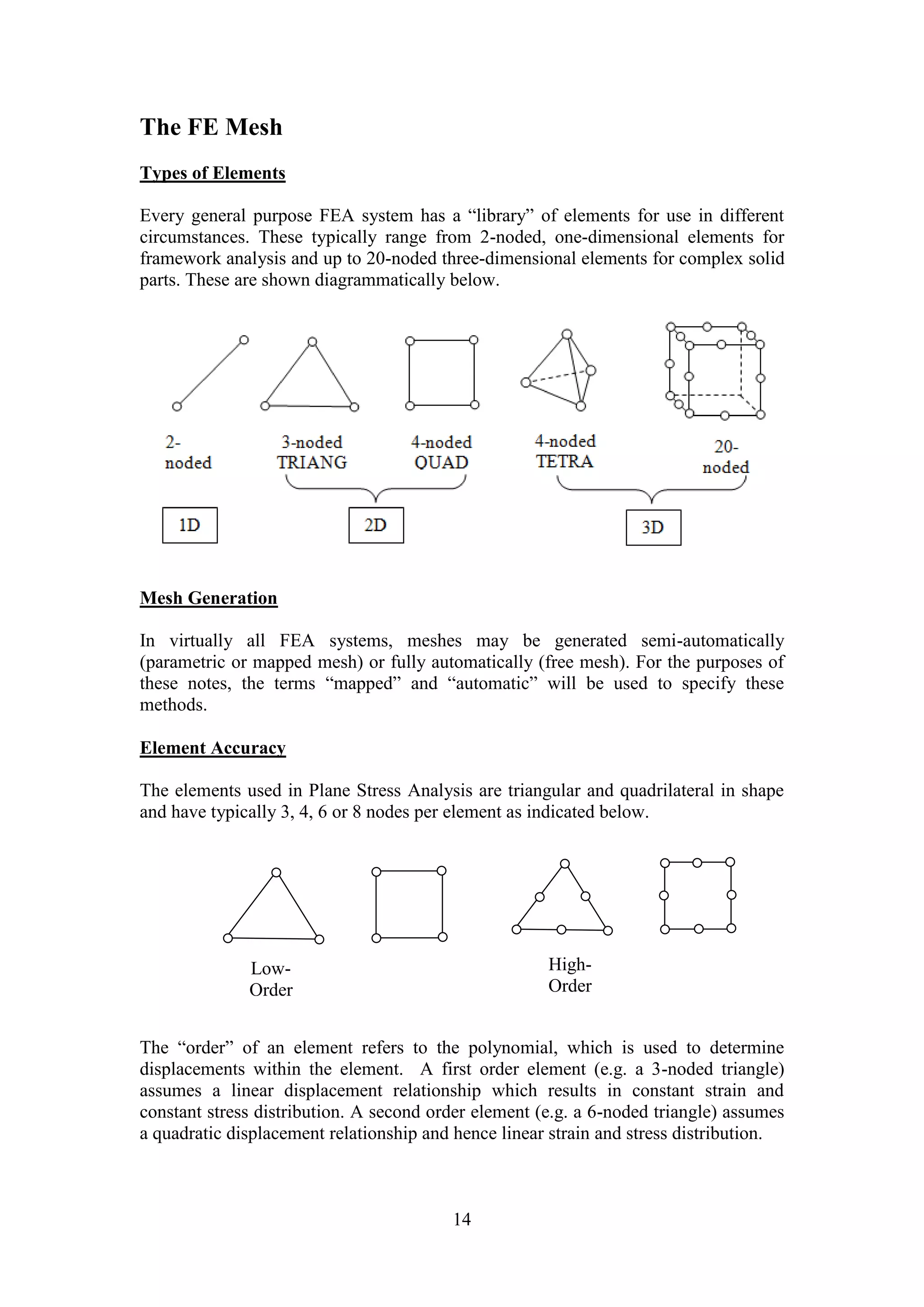 14 
The FE Mesh 
Types of Elements 
Every general purpose FEA system has a “library” of elements for use in different 
circumstances. These typically range from 2-noded, one-dimensional elements for 
framework analysis and up to 20-noded three-dimensional elements for complex solid 
parts. These are shown diagrammatically below. 
Mesh Generation 
In virtually all FEA systems, meshes may be generated semi-automatically 
(parametric or mapped mesh) or fully automatically (free mesh). For the purposes of 
these notes, the terms “mapped” and “automatic” will be used to specify these 
methods. 
Element Accuracy 
The elements used in Plane Stress Analysis are triangular and quadrilateral in shape 
and have typically 3, 4, 6 or 8 nodes per element as indicated below. 
Low- 
Order 
Element 
High- 
Order 
Element 
The “order” of an element refers to the polynomial, which is used to determine 
displacements within the element. A first order element (e.g. a 3-noded triangle) 
assumes a linear displacement relationship which results in constant strain and 
constant stress distribution. A second order element (e.g. a 6-noded triangle) assumes 
a quadratic displacement relationship and hence linear strain and stress distribution. 
 