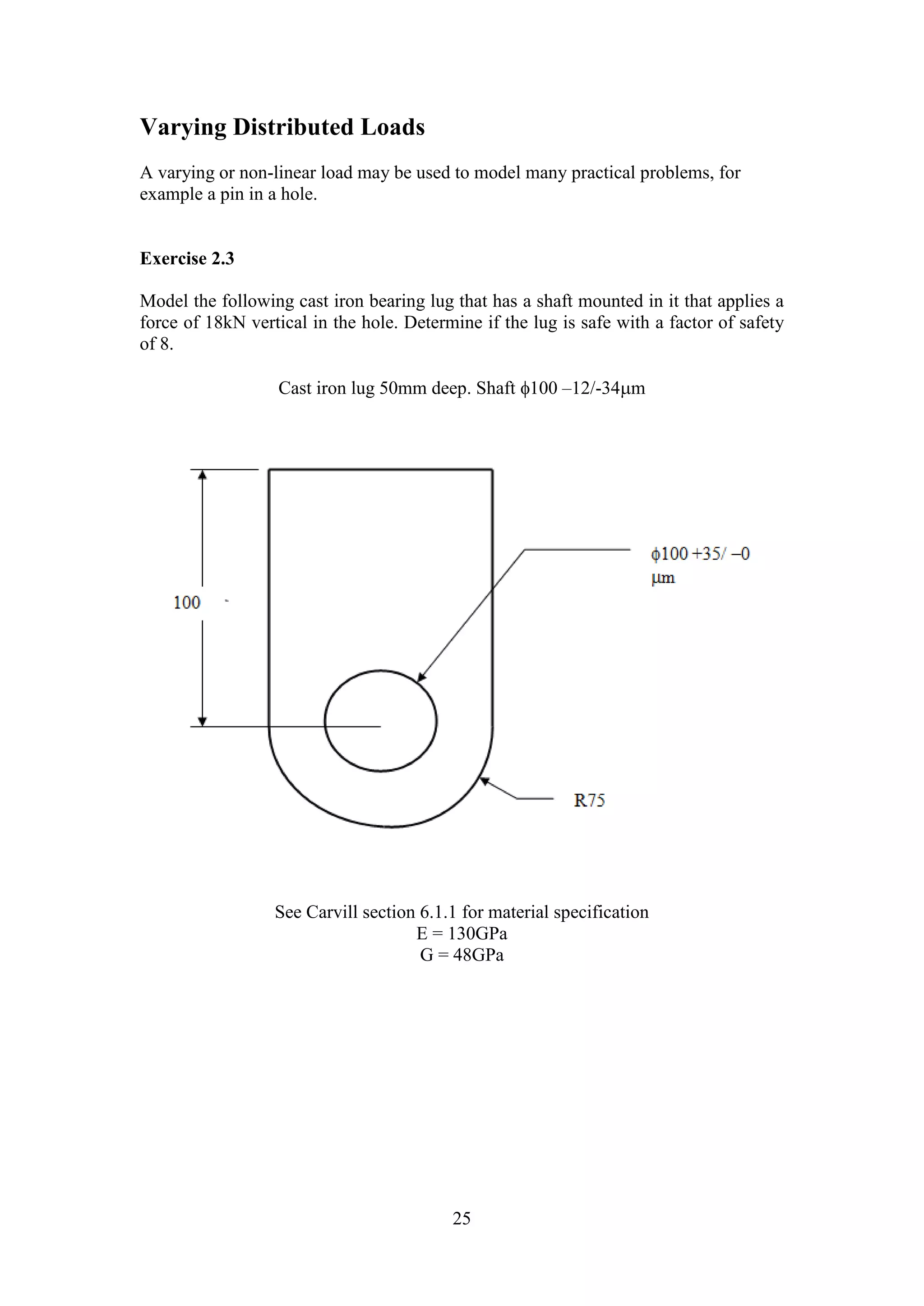 25 
Varying Distributed Loads 
A varying or non-linear load may be used to model many practical problems, for 
example a pin in a hole. 
Exercise 2.3 
Model the following cast iron bearing lug that has a shaft mounted in it that applies a 
force of 18kN vertical in the hole. Determine if the lug is safe with a factor of safety 
of 8. 
Cast iron lug 50mm deep. Shaft 100 –12/-34m 
See Carvill section 6.1.1 for material specification 
E = 130GPa 
G = 48GPa 
 