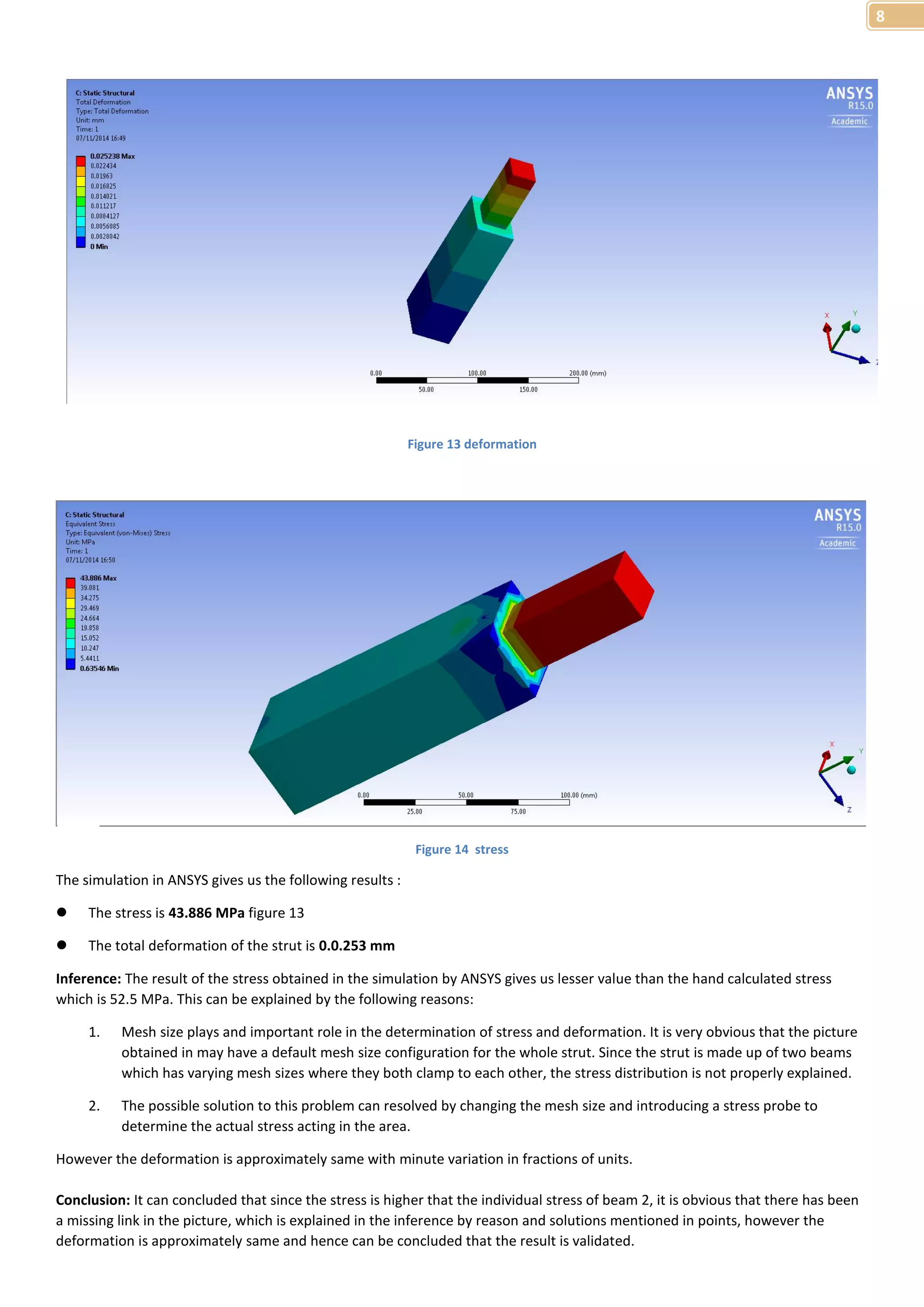 8 
Figure 13 deformation 
Figure 14 stress 
The simulation in ANSYS gives us the following results : 
 The stress is 43.886 MPa figure 13 
 The total deformation of the strut is 0.0.253 mm 
Inference: The result of the stress obtained in the simulation by ANSYS gives us lesser value than the hand calculated stress 
which is 52.5 MPa. This can be explained by the following reasons: 
1. Mesh size plays and important role in the determination of stress and deformation. It is very obvious that the picture 
obtained in may have a default mesh size configuration for the whole strut. Since the strut is made up of two beams 
which has varying mesh sizes where they both clamp to each other, the stress distribution is not properly explained. 
2. The possible solution to this problem can resolved by changing the mesh size and introducing a stress probe to 
determine the actual stress acting in the area. 
However the deformation is approximately same with minute variation in fractions of units. 
Conclusion: It can concluded that since the stress is higher that the individual stress of beam 2, it is obvious that there has been 
a missing link in the picture, which is explained in the inference by reason and solutions mentioned in points, however the 
deformation is approximately same and hence can be concluded that the result is validated. 
 